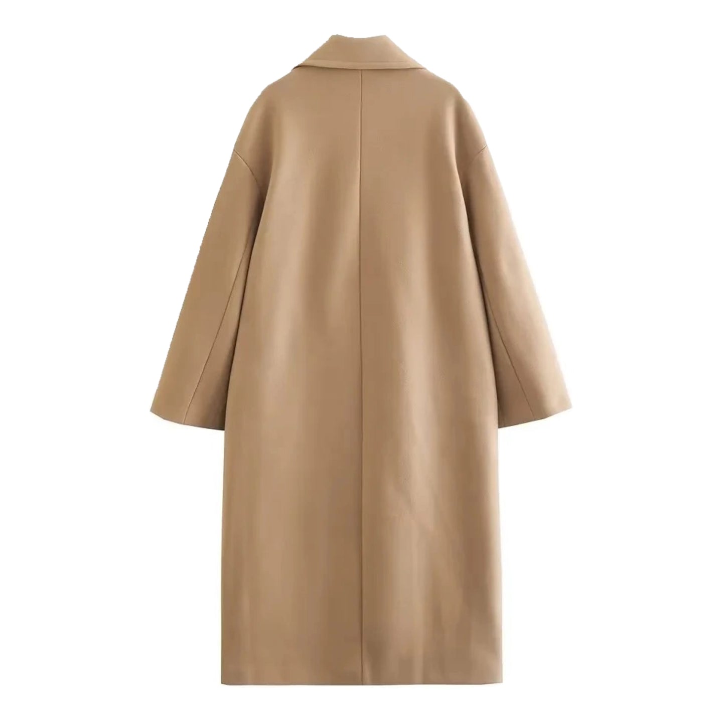 Khaki brown woolen oversized trench coat for women with double breasted black buttons, wide lapel collar, relaxed tailored silhouette, long sleeves, front welt pockets, soft insulated wool blend fabric, cozy warm fall and winter coat, minimalist neutral fashion outerwear, elegant Scandinavian street style jacket for womens everyday or travel outfits, ships globally to US, UK, Canada, Australia, Europe, Asia.