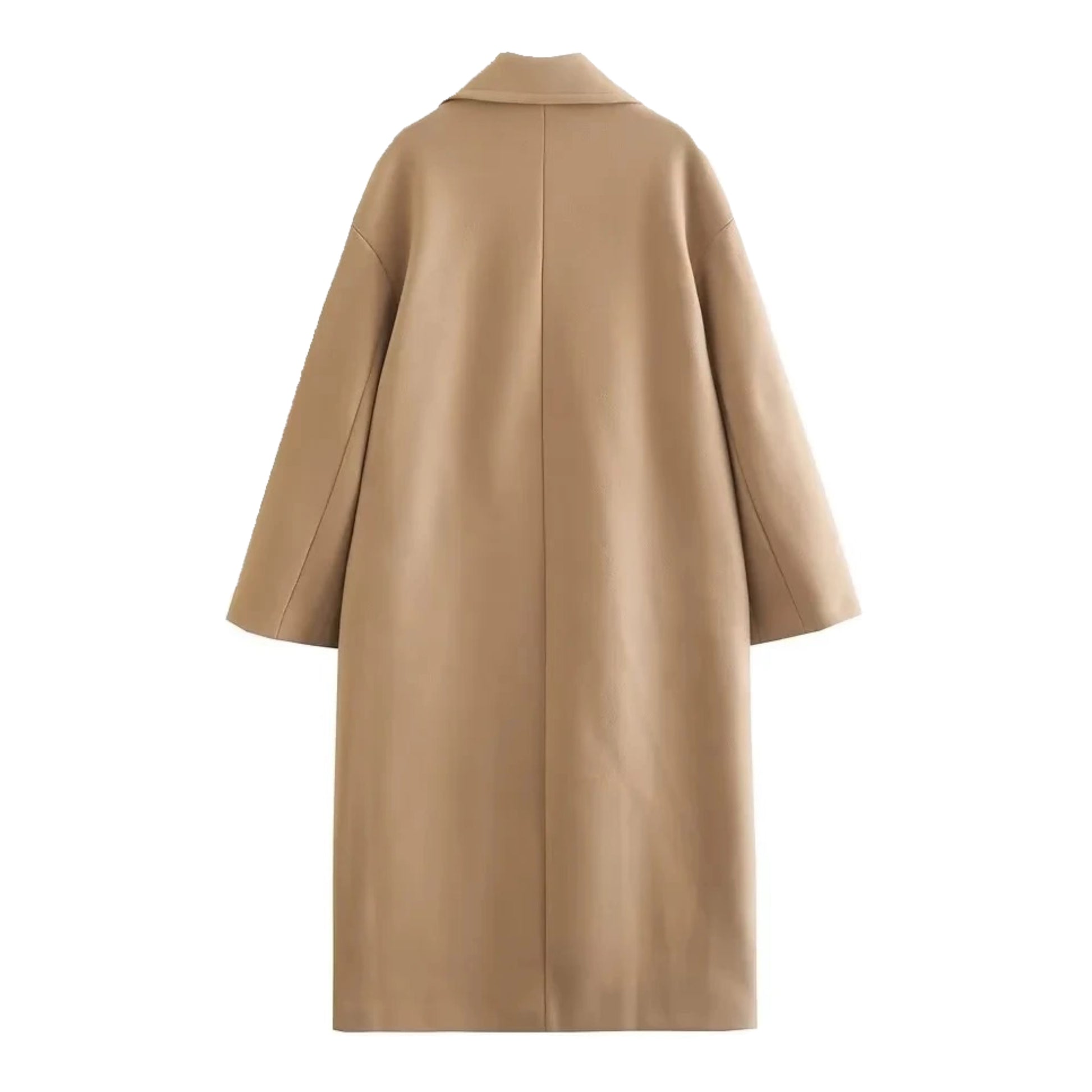 Khaki brown woolen oversized trench coat for women with double breasted black buttons, wide lapel collar, relaxed tailored silhouette, long sleeves, front welt pockets, soft insulated wool blend fabric, cozy warm fall and winter coat, minimalist neutral fashion outerwear, elegant Scandinavian street style jacket for womens everyday or travel outfits, ships globally to US, UK, Canada, Australia, Europe, Asia.