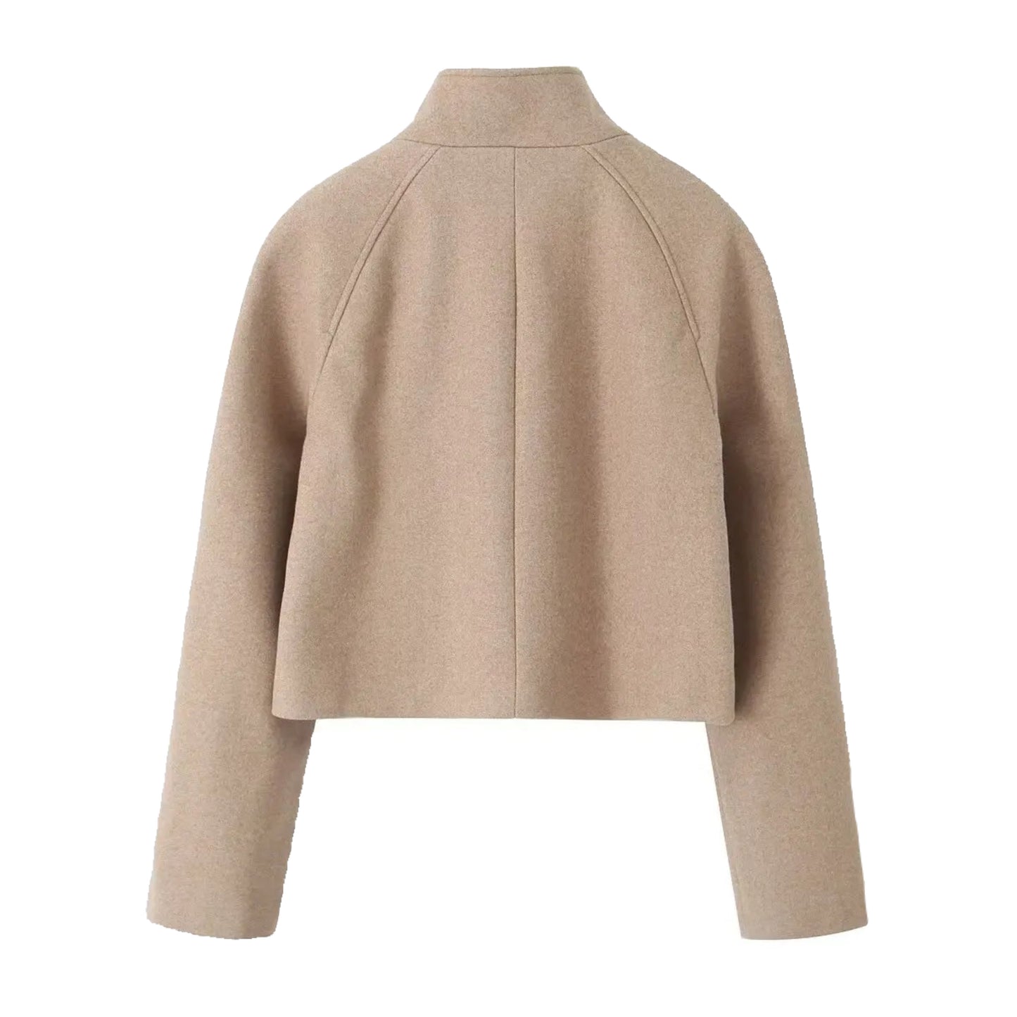 Khaki woolen long sleeve cropped turtleneck tailored pea coat jacket for women teens ladies, double-breasted black button-up funnel neckline mock neck winter coat, soft cozy warm thick structured oversized minimalist old money Parisian chic Scandi Scandinavian preppy clean girl aesthetic street wear neutral beige outerwear fashion, global worldwide shipping US UK Canada Europe Australia New Zealand