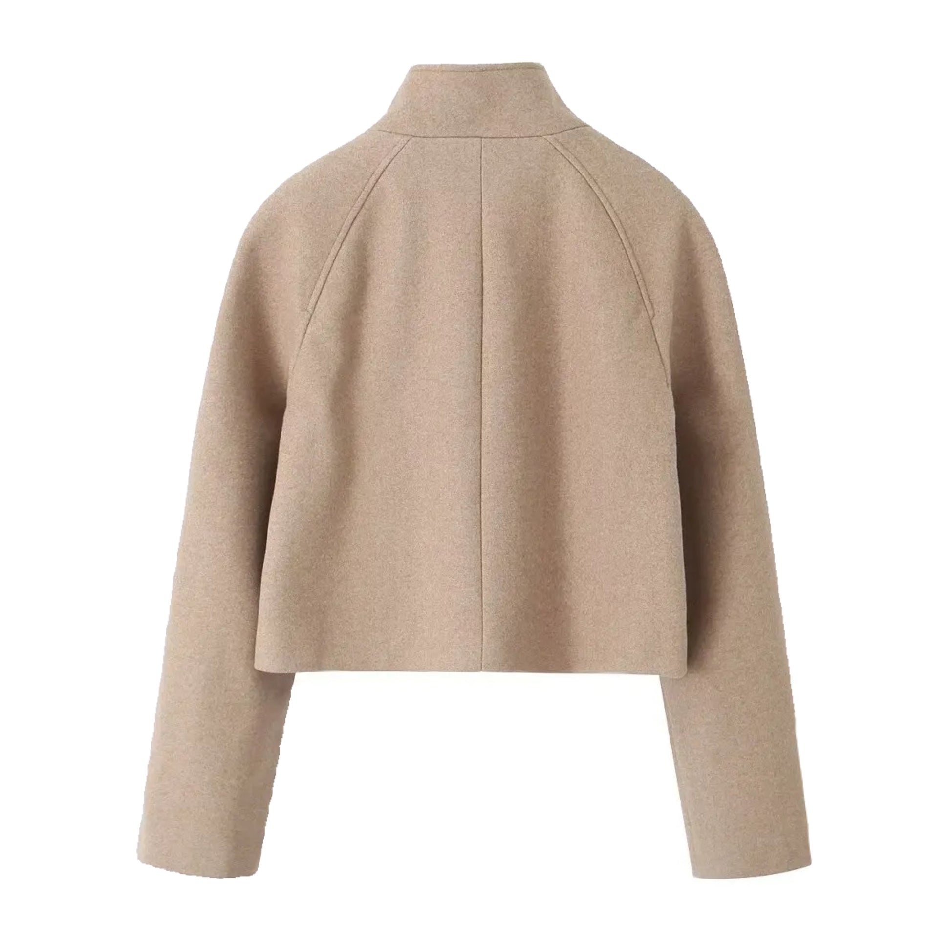 Khaki woolen long sleeve cropped turtleneck tailored pea coat jacket for women teens ladies, double-breasted black button-up funnel neckline mock neck winter coat, soft cozy warm thick structured oversized minimalist old money Parisian chic Scandi Scandinavian preppy clean girl aesthetic street wear neutral beige outerwear fashion, global worldwide shipping US UK Canada Europe Australia New Zealand