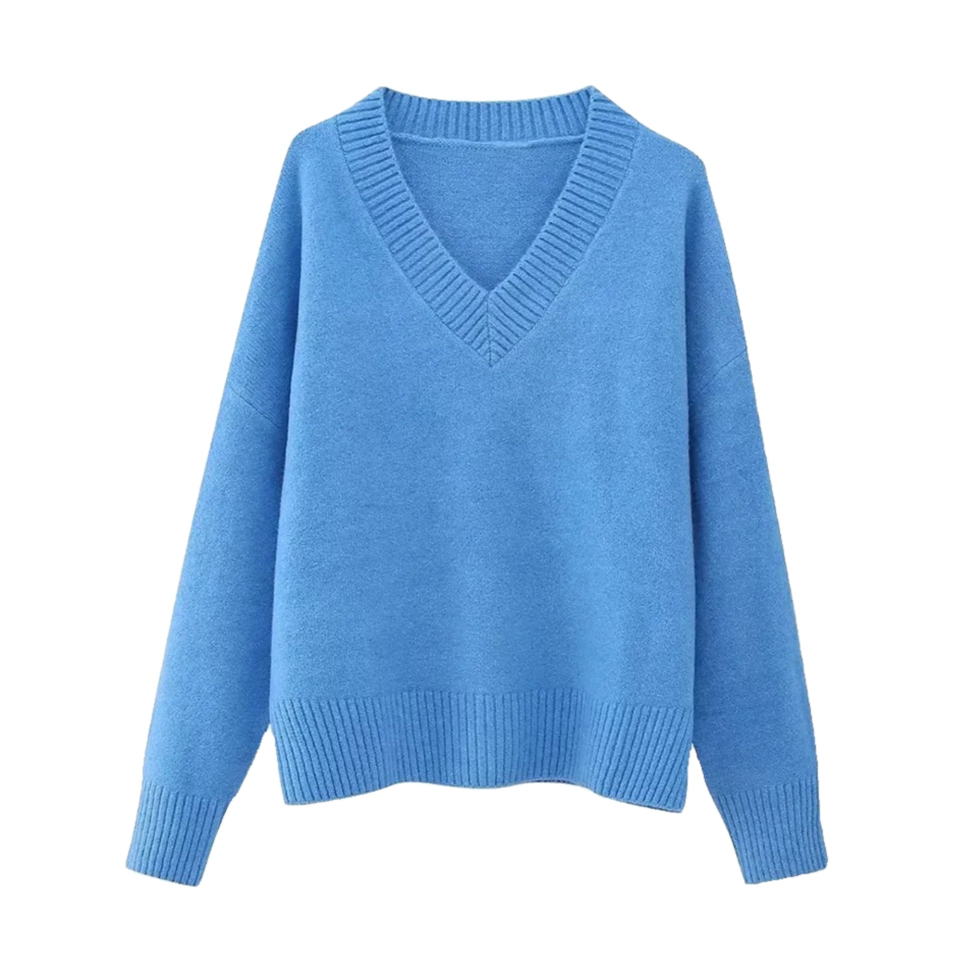 Lake Blue Knit V-Neck Long Sleeve Pullover Sweater for women and teens. Soft, cozy, and warm ribbed knitwear with relaxed fit and thick texture. Chic and trendy ocean blue and sky blue knit jumper perfect for fall, winter, and holiday outfits. Feminine Scandinavian, coastal granddaughter, soft girl, and clean girl aesthetic sweater. Ships globally and worldwide to the US, UK, Canada, Australia, Europe, Asia, and more.