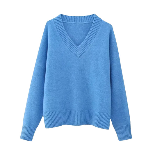 Lake Blue Knit V-Neck Long Sleeve Pullover Sweater for women and teens. Soft, cozy, and warm ribbed knitwear with relaxed fit and thick texture. Chic and trendy ocean blue and sky blue knit jumper perfect for fall, winter, and holiday outfits. Feminine Scandinavian, coastal granddaughter, soft girl, and clean girl aesthetic sweater. Ships globally and worldwide to the US, UK, Canada, Australia, Europe, Asia, and more.