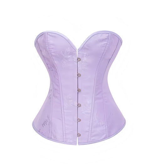 Lavender satin lace-up strapless bustier corset top with sweetheart neckline, slim fit bodycon silhouette, and floral patterned satin detail. Sexy light purple crop tube top for women, teens, and ladies. Perfect for chic trendy evening looks, going out outfits, parties, night out, club wear, rave, festival, concert, coquette vintage retro Y2K fashion, it girl baddie style, and Halloween adults princess costume or halloweekend 2025 outfit. Ships globally worldwide to US, Australia, New Zealand, UK, CA.