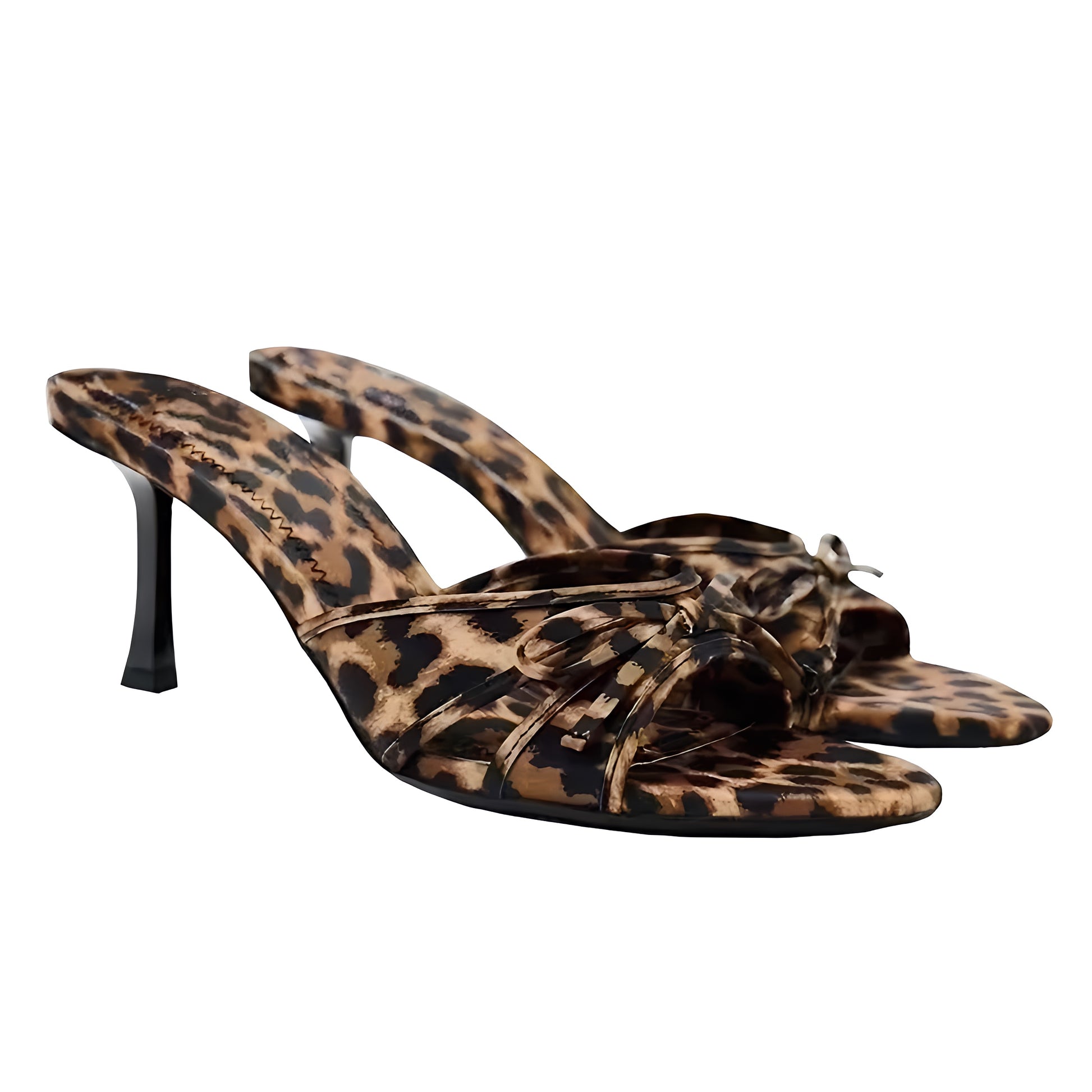 Leopard print bow faux leather open-toe stiletto high heels featuring a slim feminine silhouette and cushioned insoles. Designed with a sleek, glossy animal print finish, bow embellishment, and an elegant low-to-mid stiletto heel. Perfect for evening, party, or going-out looks. Lightweight, vegan-friendly, and fashion-forward for 2025. Ships globally to the US, UK, Canada, Australia, New Zealand, and across Europe and Asia.

