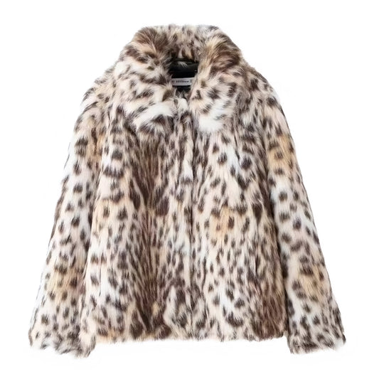 Leopard print faux fur oversized long sleeve jacket for women and teens, satin lined fuzzy soft cozy warm thick luxury animal print coat with collared v-neck split neck design, elegant feminine trendy Y2K chic outerwear for fall autumn winter 2025, beige black brown multicolor cheetah print fashion jacket for après ski snow trip night out cool girl it girl streetwear, with global worldwide shipping to US UK Canada Australia Europe and Asia.