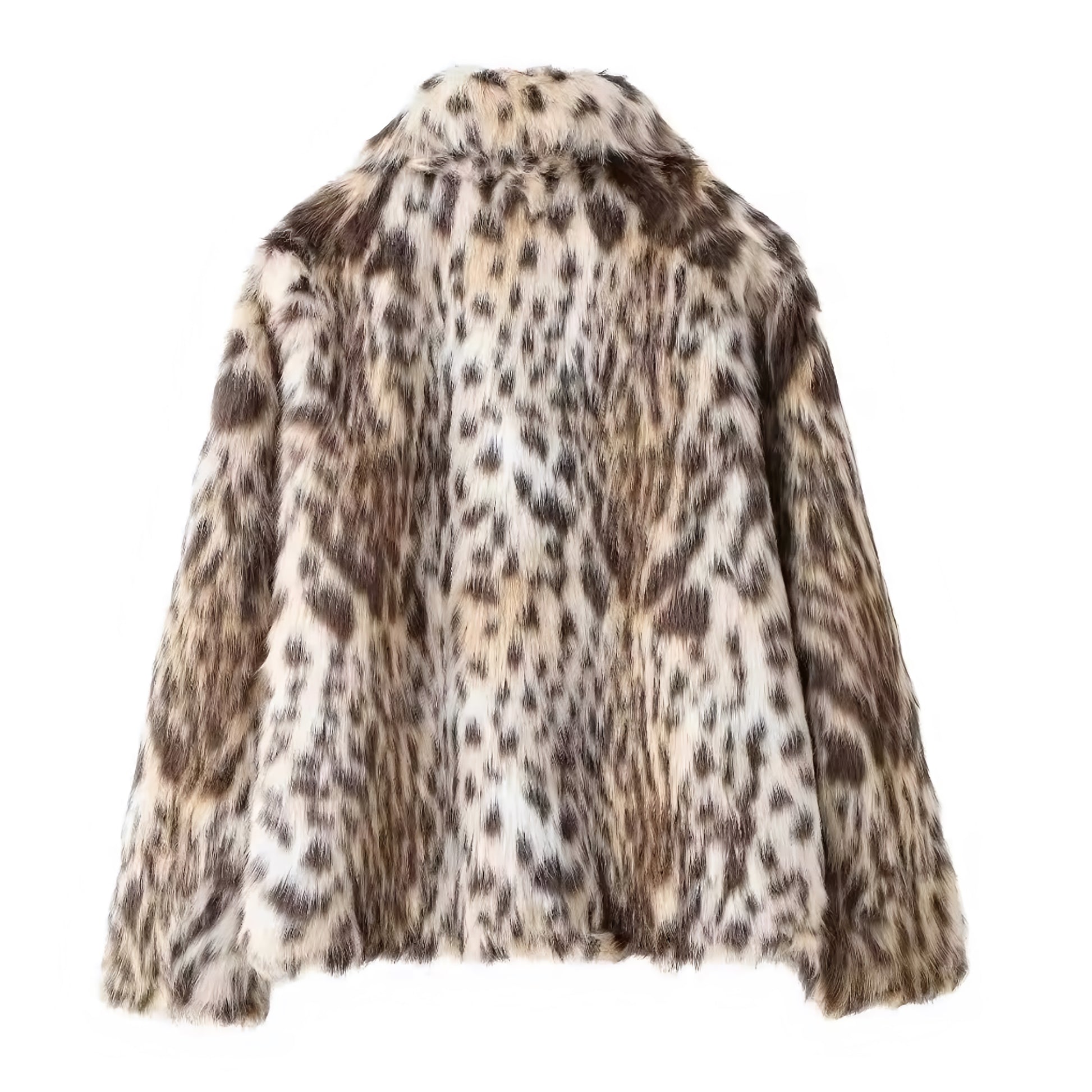 Leopard print faux fur oversized long sleeve jacket for women and teens, satin lined fuzzy soft cozy warm thick luxury animal print coat with collared v-neck split neck design, elegant feminine trendy Y2K chic outerwear for fall autumn winter 2025, beige black brown multicolor cheetah print fashion jacket for après ski snow trip night out cool girl it girl streetwear, with global worldwide shipping to US UK Canada Australia Europe and Asia.