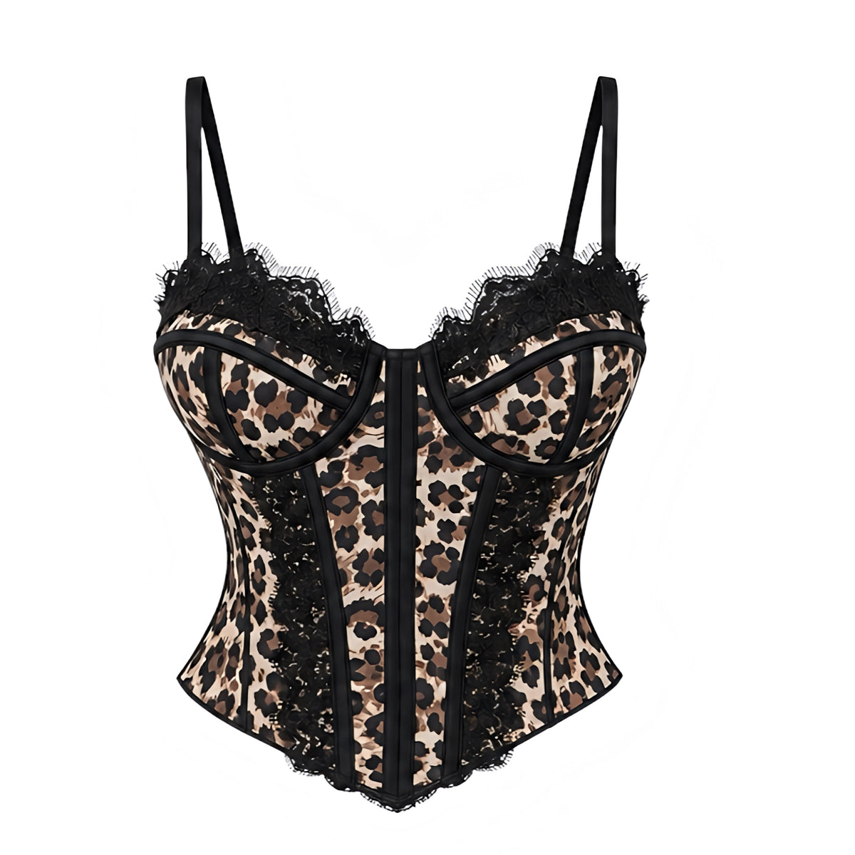 Brown beige and black leopard print floral lace trim sleeveless bustier corset top with cheetah animal print, black eyelash lace, sweetheart neckline, structured underwire cups, corset boning, adjustable spaghetti straps, fitted waist, pointed basque hem and hook-and-eye back. Women’s Y2K 2000s baddie, rock chic, rockstar GF, soft grunge, punk, alt, western cowgirl, coquette, Ibiza and festival top for party, club, rave, concert, Halloween, vacation and fall 2026 outfits.


