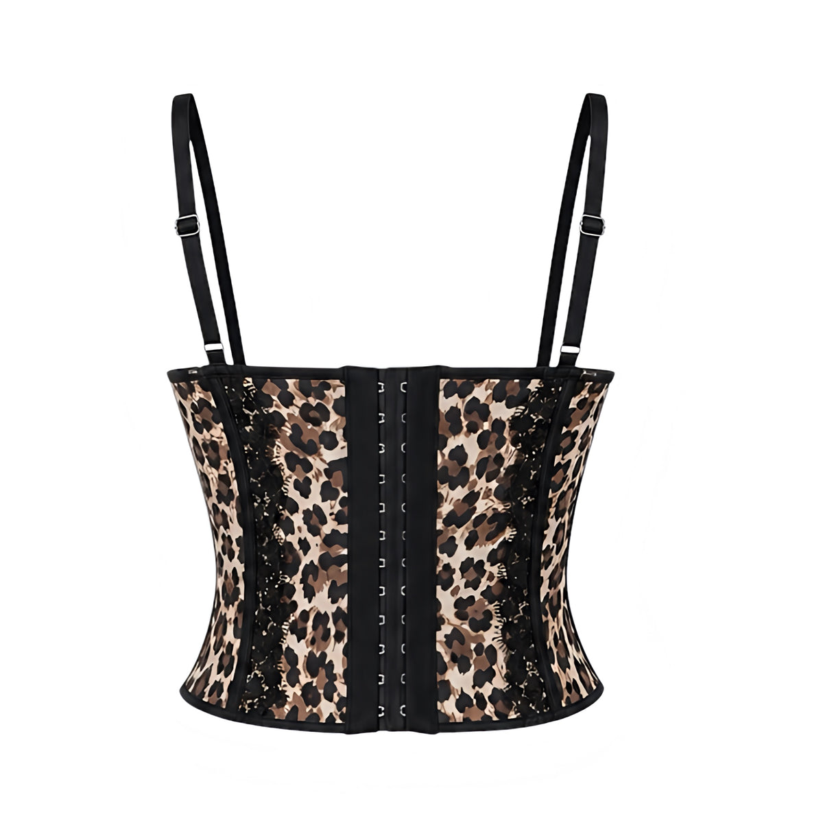 Brown beige and black leopard print floral lace trim sleeveless bustier corset top with cheetah animal print, black eyelash lace, sweetheart neckline, structured underwire cups, corset boning, adjustable spaghetti straps, fitted waist, pointed basque hem and hook-and-eye back. Women’s Y2K 2000s baddie, rock chic, rockstar GF, soft grunge, punk, alt, western cowgirl, coquette, Ibiza and festival top for party, club, rave, concert, Halloween, vacation and fall 2026 outfits.

