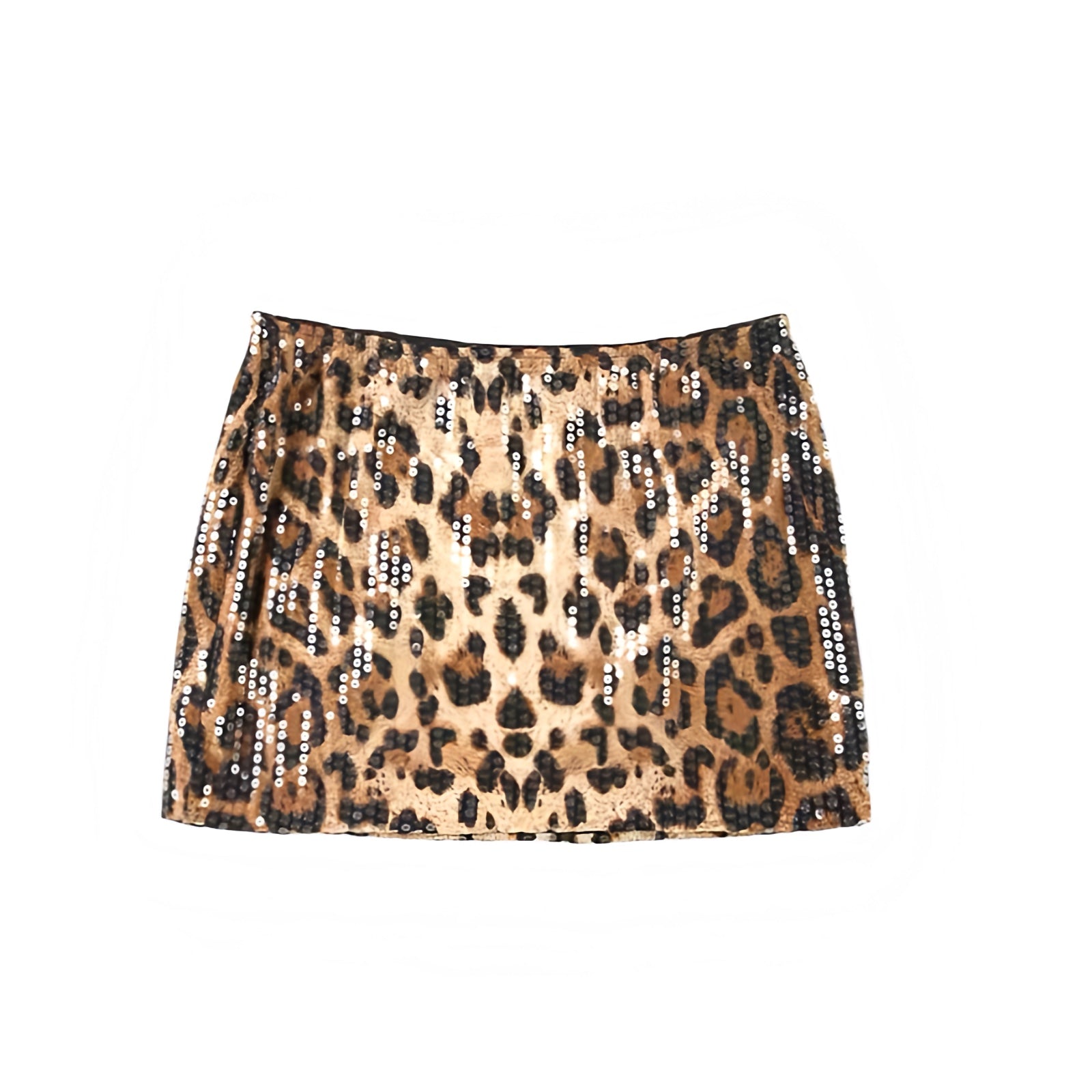 Leopard print sequin embellished mini skirt in brown black tan beige animal print with sparkly glittery beaded design. Slim fit bodycon low rise low waisted micro skirt short skirt for womens teens ladies. Perfect for party night out clubwear disco outfit festival concert ibiza style y2k fashion baddie outfits streetwear halloween costume retro style.

