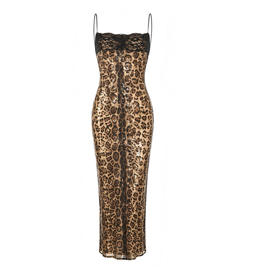 Leopard print sequin lace trim bodycon spaghetti strap maxi dress with leopard and cheetah patterned design in brown, tan, beige and black, black floral lace trim, sparkly sequined embellished finish, slim fit fitted silhouette, sweetheart square neckline, backless open back, sleeveless long dress for Y2K style, 2000s fashion, party, date night, club, Ibiza, festival and baddie outfits.