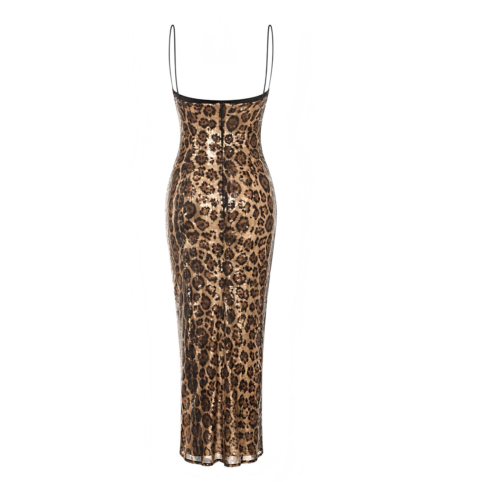 Leopard print sequin lace trim bodycon spaghetti strap maxi dress with leopard and cheetah patterned design in brown, tan, beige and black, black floral lace trim, sparkly sequined embellished finish, slim fit fitted silhouette, sweetheart square neckline, backless open back, sleeveless long dress for Y2K style, 2000s fashion, party, date night, club, Ibiza, festival and baddie outfits.