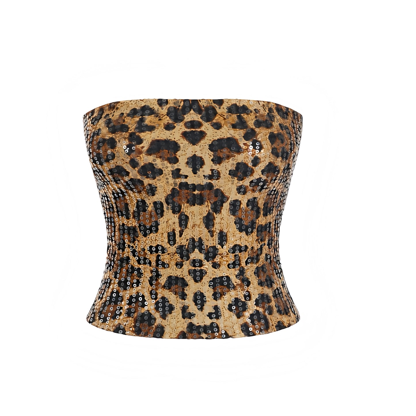 Leopard print sequin slim fit strapless crop top in brown tan beige and black, leopard patterned cheetah print design with sparkly sequined embellishments, fitted bodycon tube top, bustier style Y2K sequin top, Y2K baby tank, clubwear, rave top, festival outfit, concert outfit, Ibiza style, baddie outfit, leopard outfit, cheetah outfit, boho chic and gypsy cowgirl style


