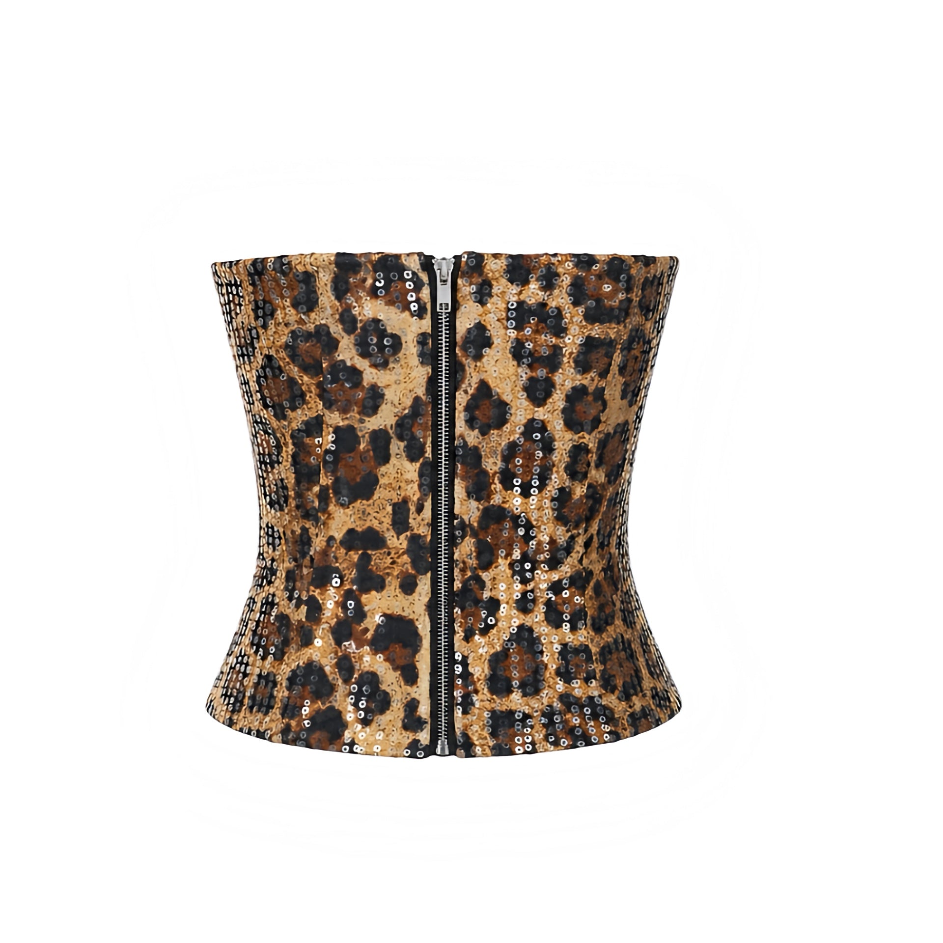 Leopard print sequin slim fit strapless crop top in brown tan beige and black, leopard patterned cheetah print design with sparkly sequined embellishments, fitted bodycon tube top, bustier style Y2K sequin top, Y2K baby tank, clubwear, rave top, festival outfit, concert outfit, Ibiza style, baddie outfit, leopard outfit, cheetah outfit, boho chic and gypsy cowgirl style

