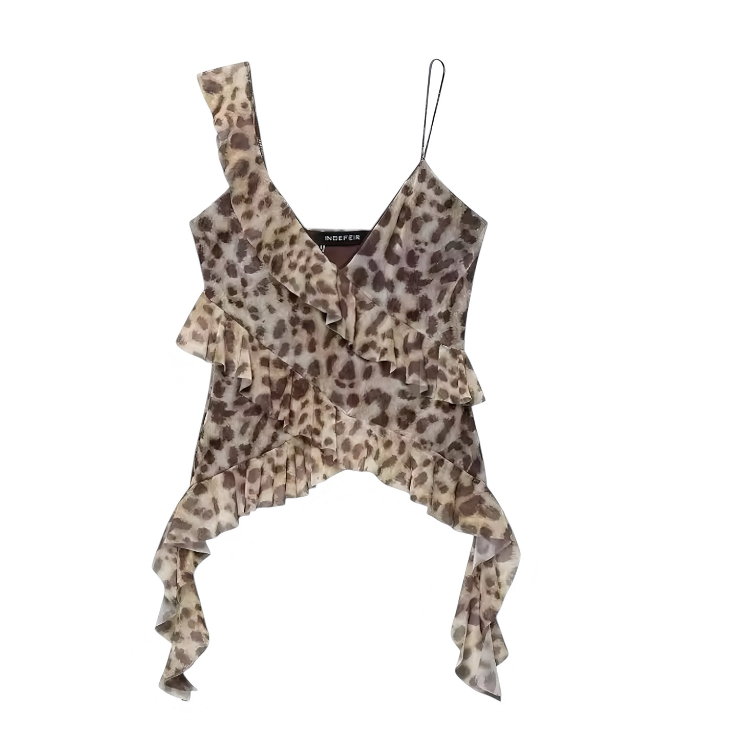 Leopard Print Animal Cheetah Brown Black Patterned Layered Ruffle Trim V-Neck Slim Fit Spaghetti Strap Sleeveless Backless Crop Tank Top Blouse Women Teens Sexy Y2K Summer 2025 Fashion