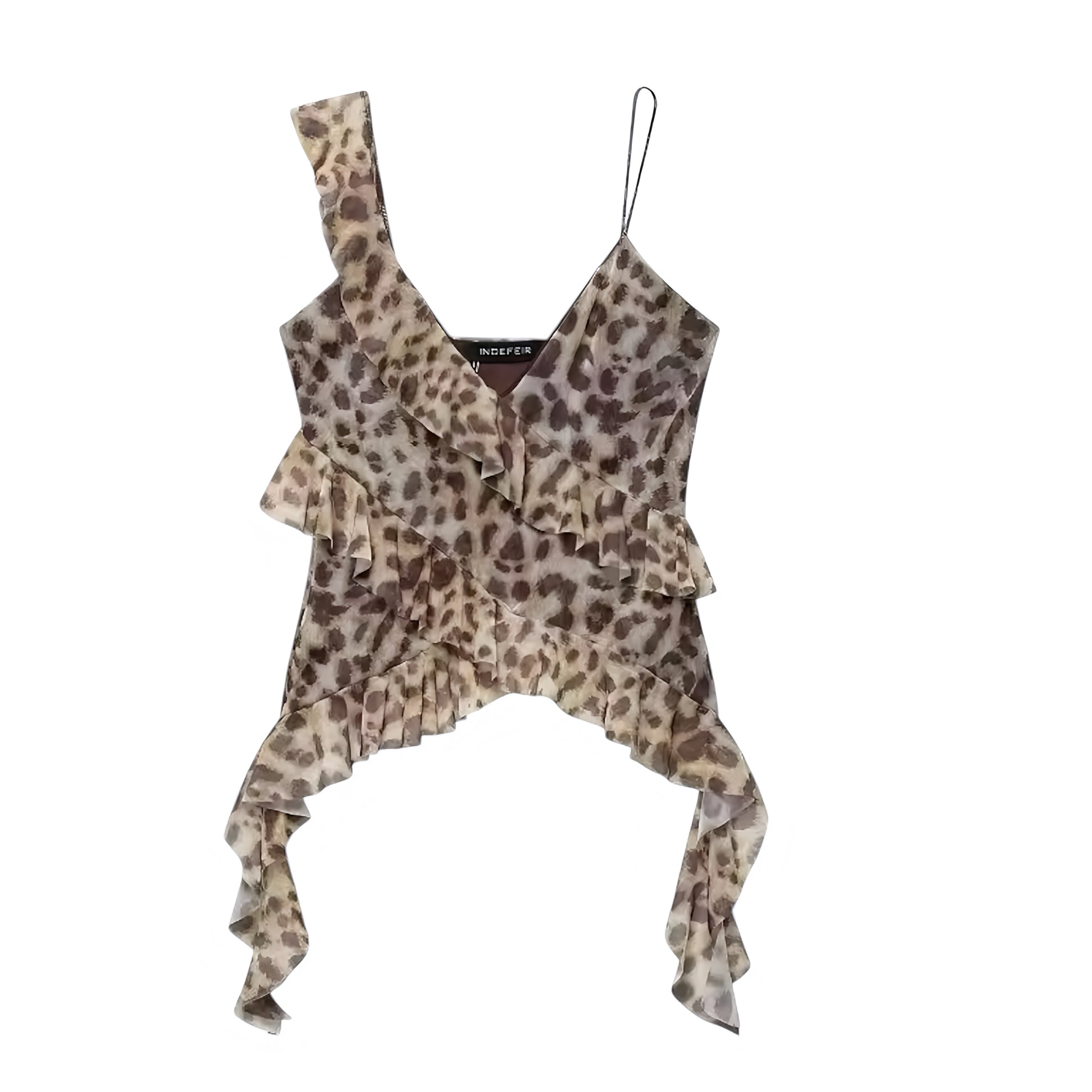 Leopard Print Animal Cheetah Brown Black Patterned Layered Ruffle Trim V-Neck Slim Fit Spaghetti Strap Sleeveless Backless Crop Tank Top Blouse Women Teens Sexy Y2K Summer 2025 Fashion