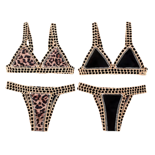Leopard print cheetah print animal print striped brown black multicolor crochet knitted knitwear reversible bikini set 2 piece triangle string swimwear. Slim fit skinny fit wireless wire free push up v neck sleeveless spaghetti strap backless thong string design. Chic luxury beach vacation bikini for womens teens ladies perfect euro summer Ibiza style boho chic bohemian fashion retro vintage Y2K style tropical vacation resort wear beach girl aesthetic summer swimwear fashion.