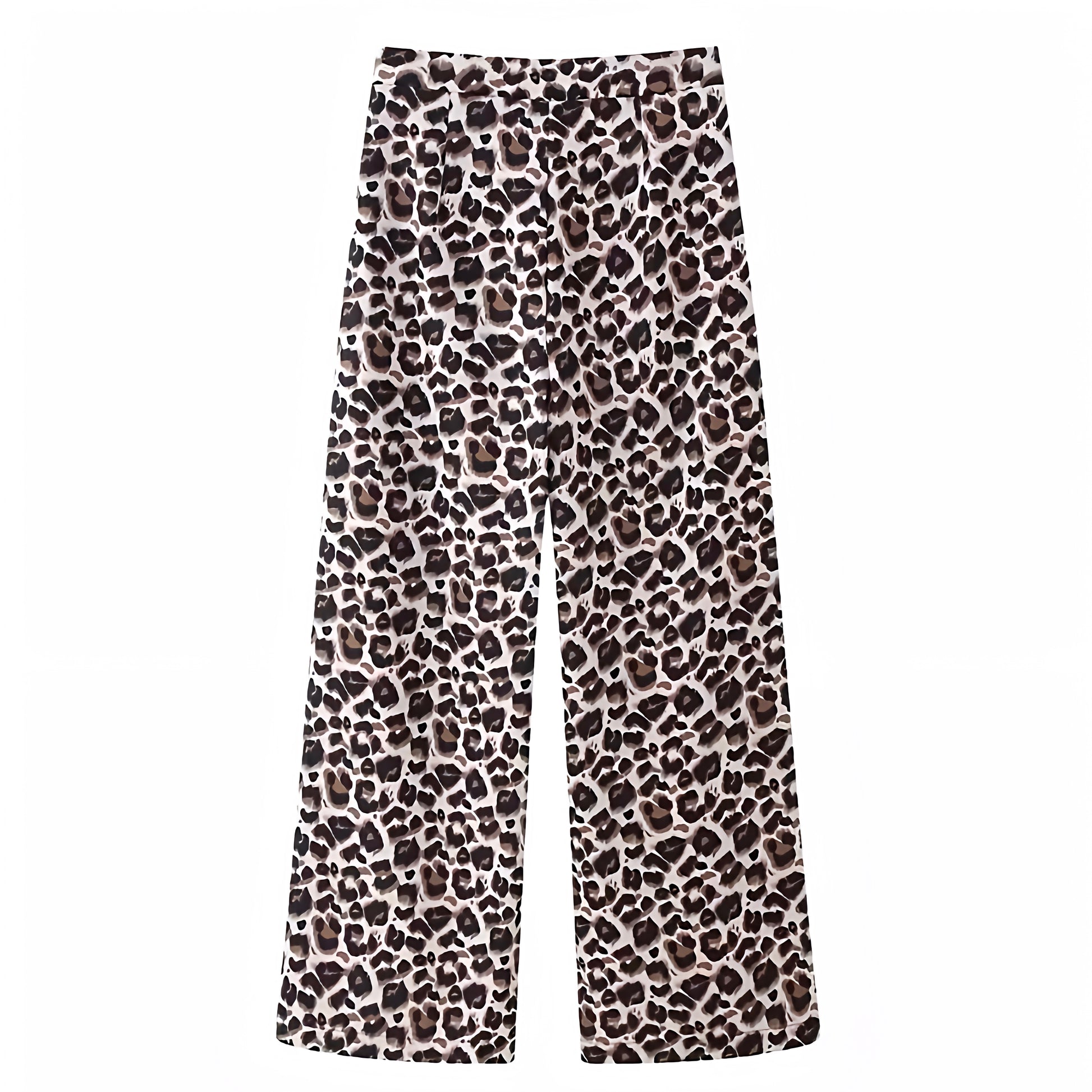 Leopard print vintage mid-rise wide leg trouser pants for women featuring a soft structured fabric, animal cheetah print pattern, and full-length relaxed silhouette. These brown and black patterned trousers are inspired by vintage and Y2K fashion, offering a chic, trendy, and timeless look. Perfect for streetwear, festivals, and elevated everyday outfits. Ships globally and worldwide to the US, UK, Canada, Australia, and all major European countries.