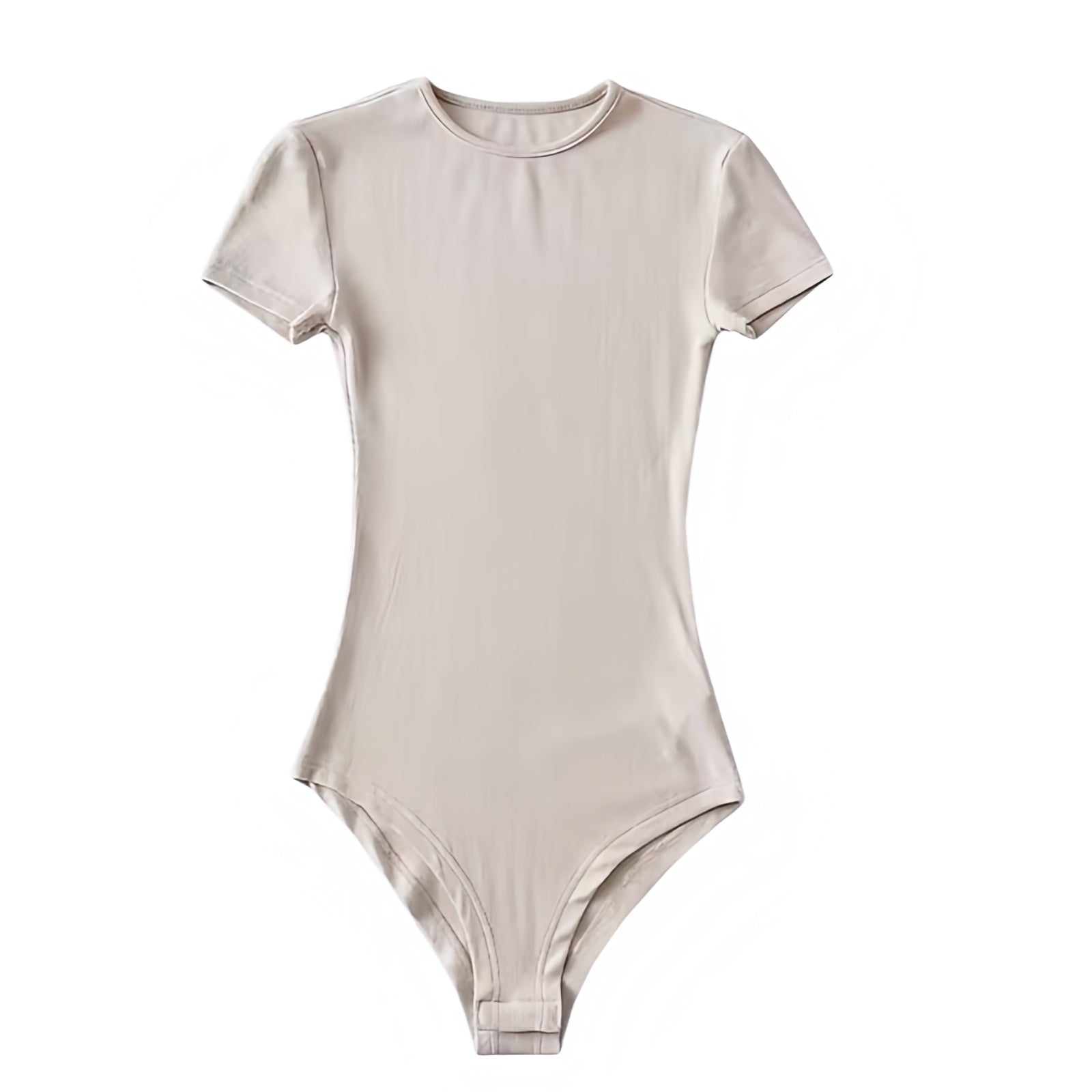 Light beige bodycon short sleeve bodysuit in a soft cotton blend fabric with seamless stretch and a flattering slim fit silhouette. Features a crewneck neckline, short sleeves, and sleek minimalist design. Perfect for layering or as a neutral everyday top for casual, chic, and feminine outfits. Ships globally to the US, UK, Canada, Australia, New Zealand, Europe, Asia, Germany, France, and more.

