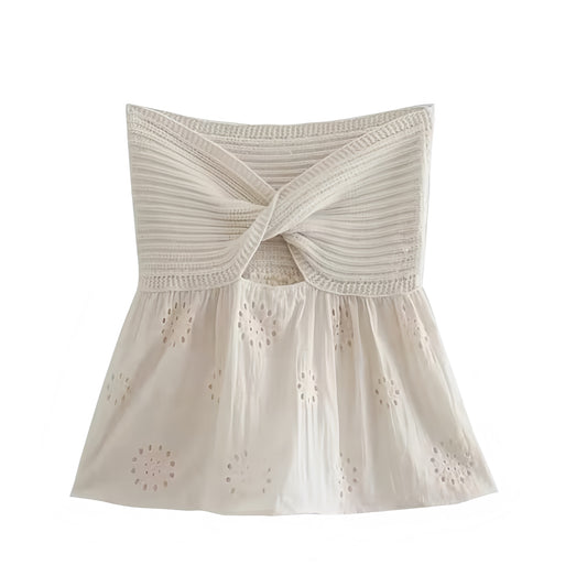 Light Beige Crochet Knitted Strapless Eyelet Embroidered Camisole Top Slim Fit Corset Bustier Bandeau Crop Tank Top Blouse Sweetheart Neckline Peplum Flared Ruffle Trim Plissé Pleated Sleeveless Backless Women Teens Summer 2025 Resort Wear Ibiza Euro Summer Stockholm Style It Girl That Girl
