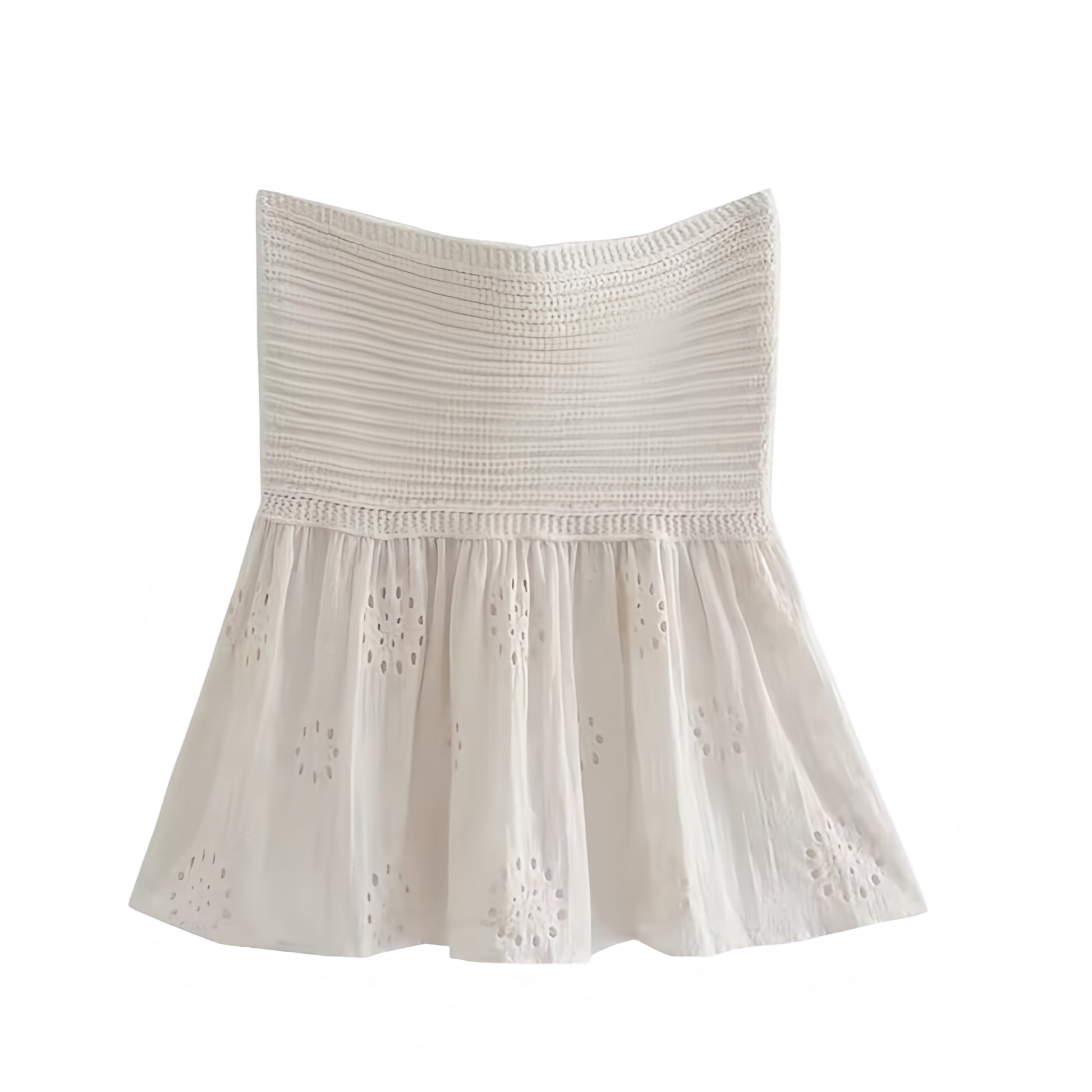 Light Beige Crochet Knitted Strapless Eyelet Embroidered Camisole Top Slim Fit Corset Bustier Bandeau Crop Tank Top Blouse Sweetheart Neckline Peplum Flared Ruffle Trim Plissé Pleated Sleeveless Backless Women Teens Summer 2025 Resort Wear Ibiza Euro Summer Stockholm Style It Girl That Girl