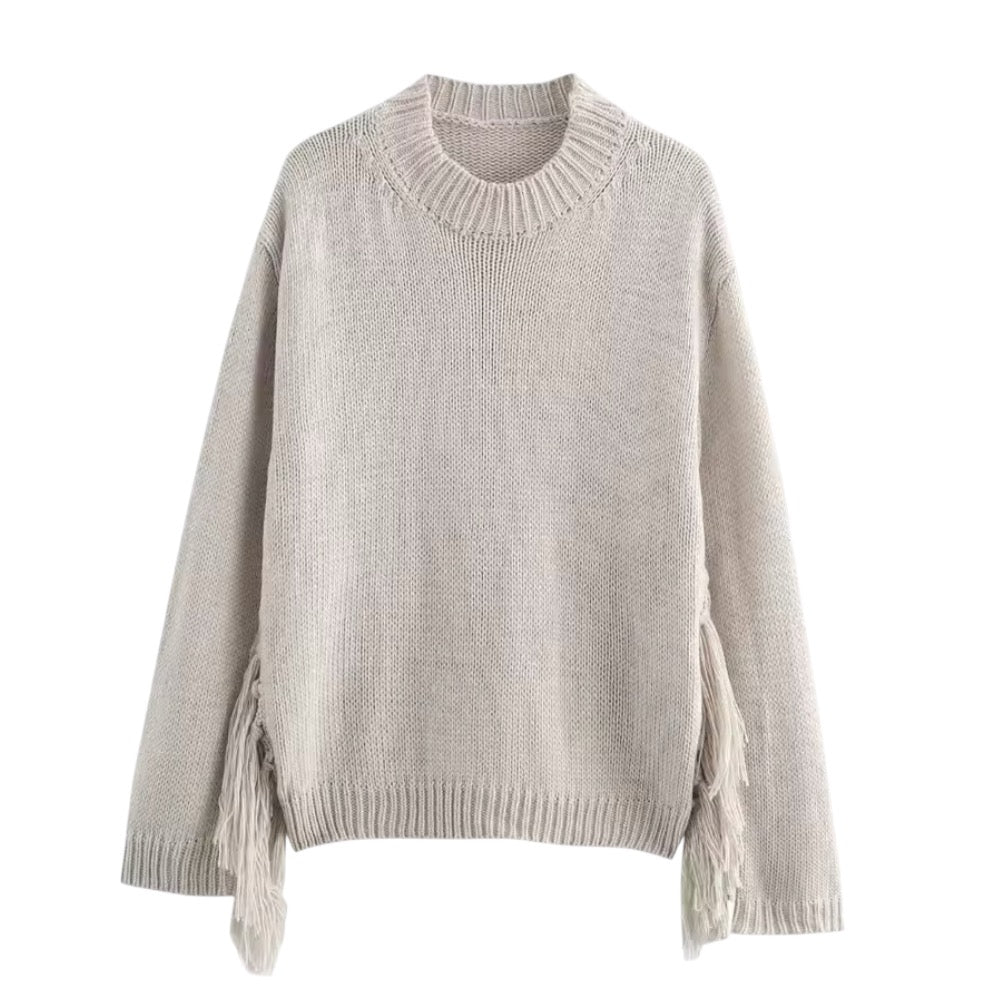 Light beige knit crochet tassel bohemian long sleeve pullover sweater for women and teens, soft chunky knit jumper with cozy fuzzy warm thick texture, oversized elegant vintage boho chic knitwear for fall autumn winter 2025, retro western festival streetwear sweater inspired by Zara and Aritzia dupes, ships globally worldwide to US, UK, Canada, Europe, Australia, Asia.