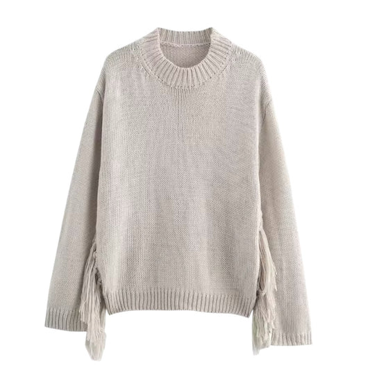 Light beige knit crochet tassel bohemian long sleeve pullover sweater for women and teens, soft chunky knit jumper with cozy fuzzy warm thick texture, oversized elegant vintage boho chic knitwear for fall autumn winter 2025, retro western festival streetwear sweater inspired by Zara and Aritzia dupes, ships globally worldwide to US, UK, Canada, Europe, Australia, Asia.