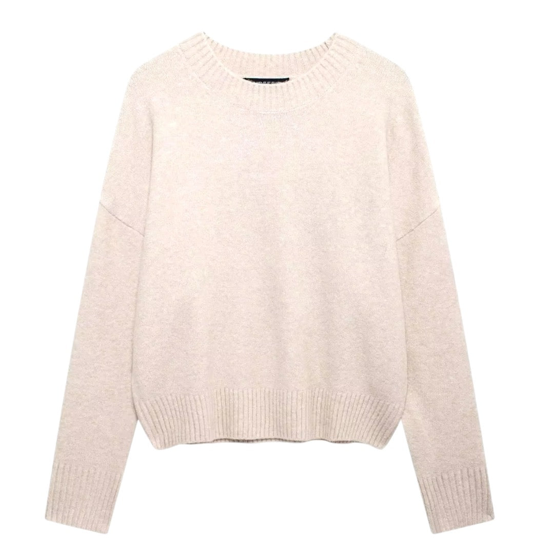 Light beige knit woolen long sleeve pullover sweater for women and teens, soft fuzzy cozy warm chunky knit jumper with cropped lightweight design, elegant feminine trendy chic casual preppy knitwear for fall autumn winter 2025, Aritzia dupe and Zara-inspired Scandinavian streetwear sweater with global worldwide shipping to US UK Canada Europe Australia Asia from Dazey Hill.