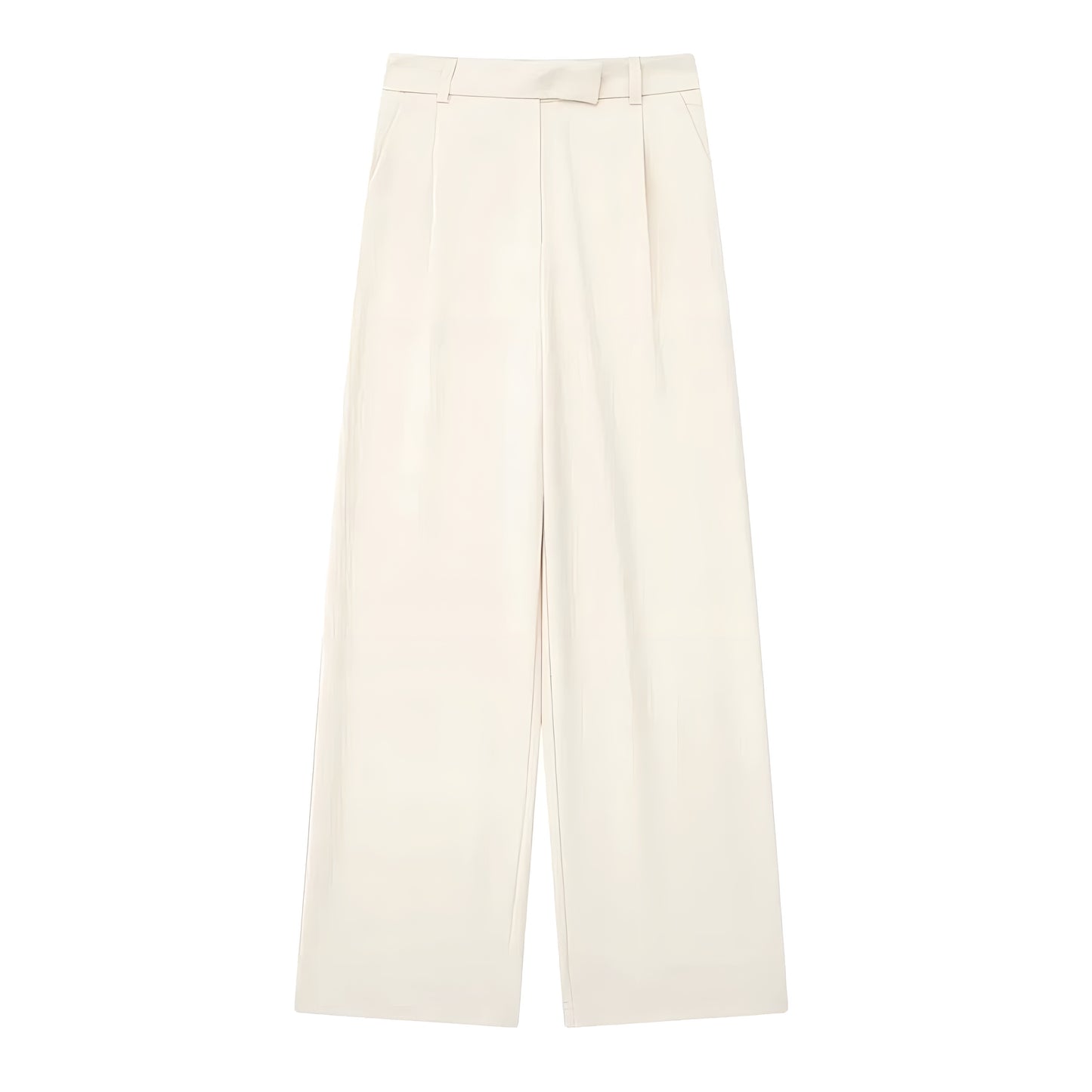 Light beige low-rise pleated tailored straight leg trouser pants for women made with smooth woven suiting fabric. Elegant and minimalist, featuring a sleek, structured fit and soft neutral tone. Designed for capsule wardrobes and versatile styling from office to evening wear. Perfect for Scandinavian, European, and classic minimalist fashion aesthetics. Ships globally and worldwide to US, UK, Canada, Australia, and Europe.