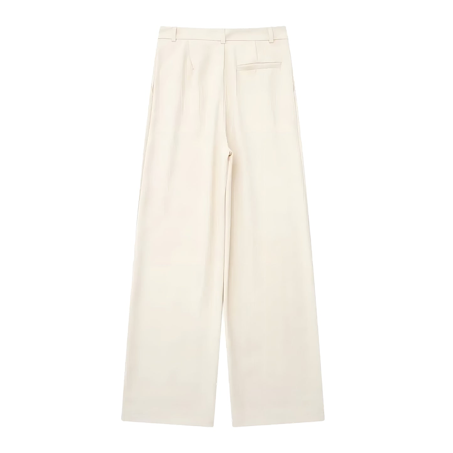 Light beige low-rise pleated tailored straight leg trouser pants for women made with smooth woven suiting fabric. Elegant and minimalist, featuring a sleek, structured fit and soft neutral tone. Designed for capsule wardrobes and versatile styling from office to evening wear. Perfect for Scandinavian, European, and classic minimalist fashion aesthetics. Ships globally and worldwide to US, UK, Canada, Australia, and Europe.