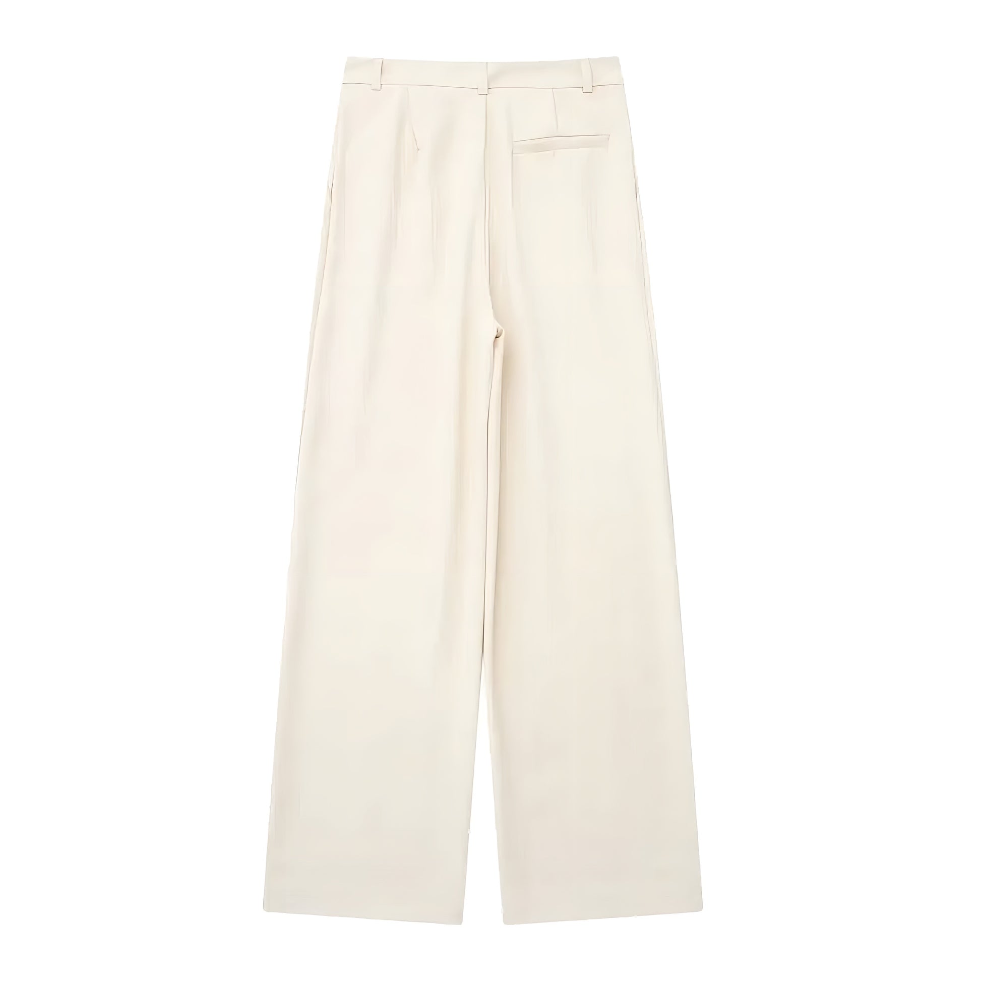 Light beige low-rise pleated tailored straight leg trouser pants for women made with smooth woven suiting fabric. Elegant and minimalist, featuring a sleek, structured fit and soft neutral tone. Designed for capsule wardrobes and versatile styling from office to evening wear. Perfect for Scandinavian, European, and classic minimalist fashion aesthetics. Ships globally and worldwide to US, UK, Canada, Australia, and Europe.