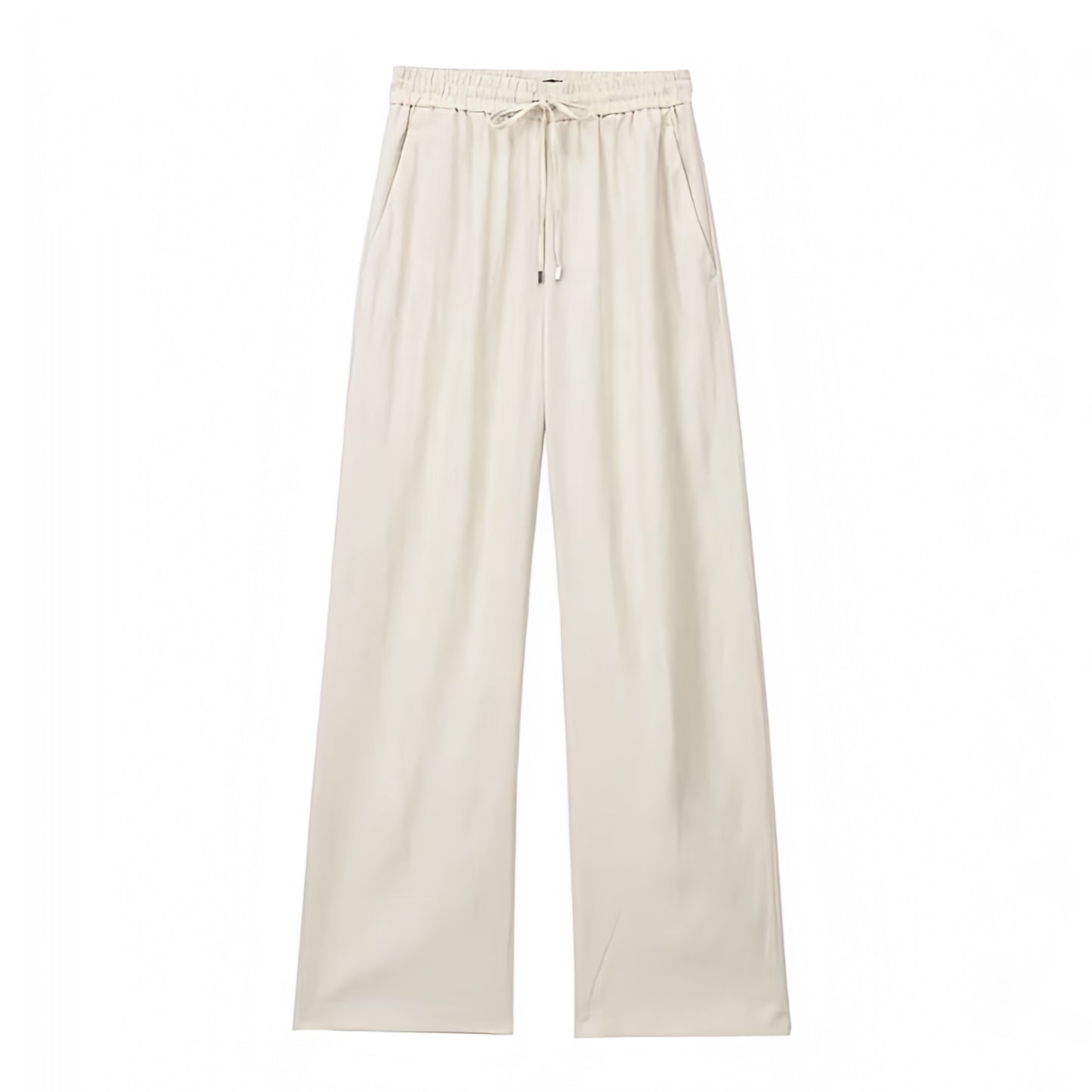Light beige mid-rise linen wide leg drawstring pants for women featuring a breathable woven fabric and adjustable waistband. Relaxed fit, full-length silhouette, and soft neutral tone ideal for beach vacations, resort wear, and minimalist summer outfits. Perfect for everyday casual or coastal style looks. Lightweight, comfy, and chic. Ships globally to the US, UK, Canada, Australia, Europe, and Asia including all major destinations.