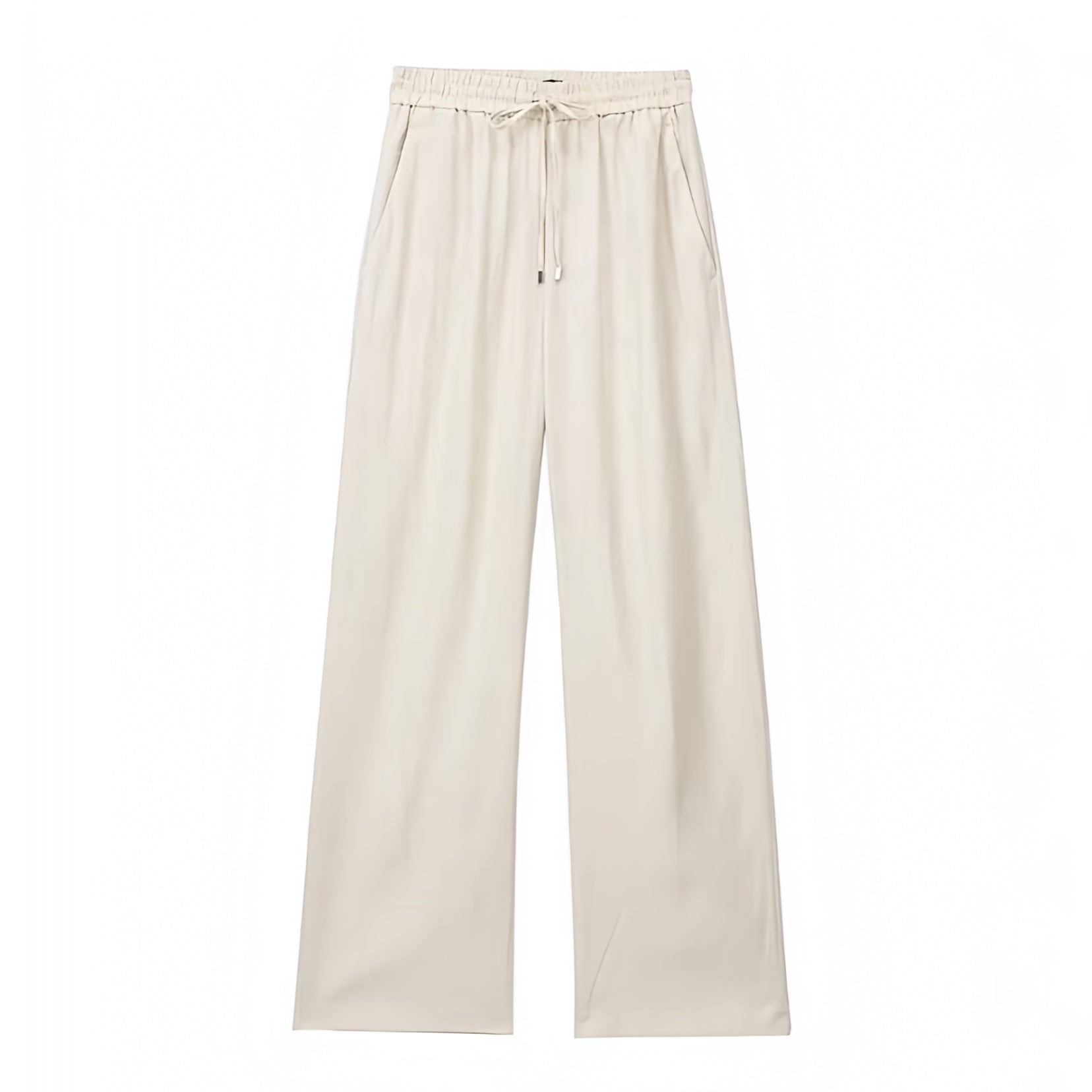Light beige mid-rise linen wide leg drawstring pants for women featuring a breathable woven fabric and adjustable waistband. Relaxed fit, full-length silhouette, and soft neutral tone ideal for beach vacations, resort wear, and minimalist summer outfits. Perfect for everyday casual or coastal style looks. Lightweight, comfy, and chic. Ships globally to the US, UK, Canada, Australia, Europe, and Asia including all major destinations.
