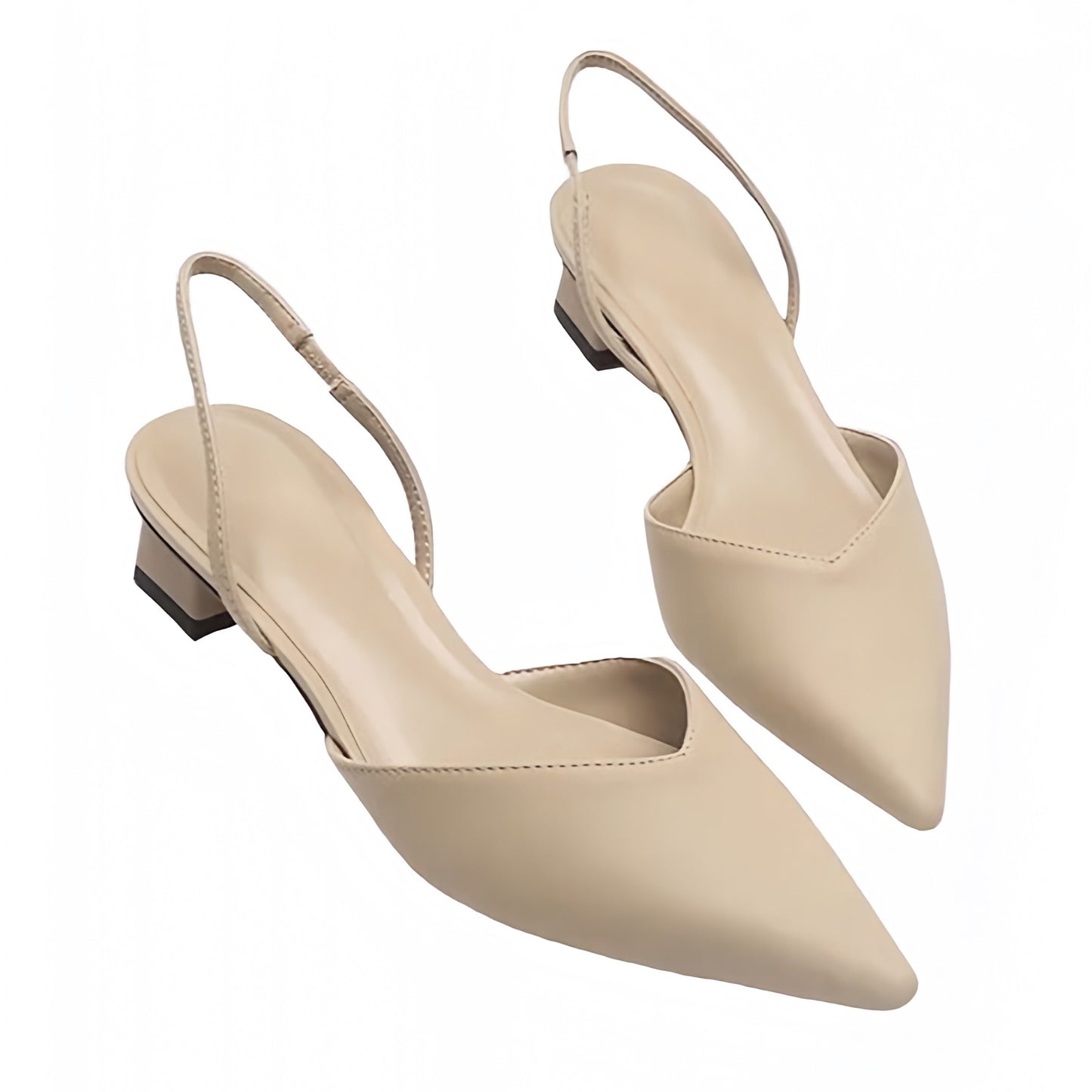 Light beige slingback faux suede leather low-block kitten silhouette heels featuring a pointed toe and soft cushioned insoles. Designed with a slim, minimalist profile and adjustable slingback strap for comfort. Vegan-friendly and lightweight with a refined classic look. Perfect for office wear, travel, or evening outings. Ships globally to the US, UK, Canada, Australia, New Zealand, and across Europe and Asia.

