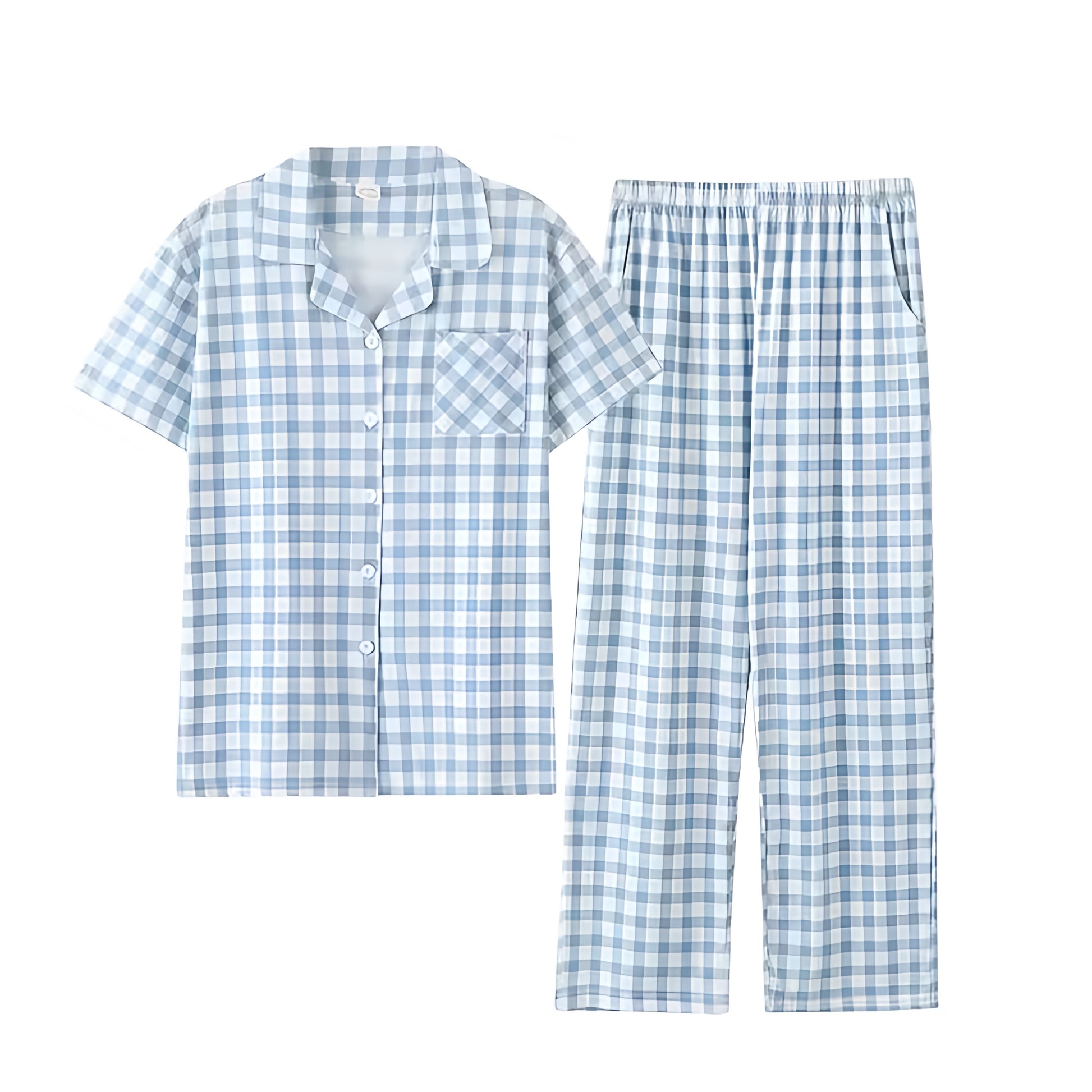 Light blue and white checkered cotton pajama set for women made from soft breathable cotton blend fabric. Two piece matching set includes a short sleeve button down collared top with front pocket and relaxed wide leg pants with pockets. Lightweight, comfy, and feminine gingham sleepwear perfect for summer lounging or cozy nights in. Inspired by Roller Rabbit and Eberjey. Ships globally to US, UK, Canada, Australia, New Zealand, Europe, and Asia.


