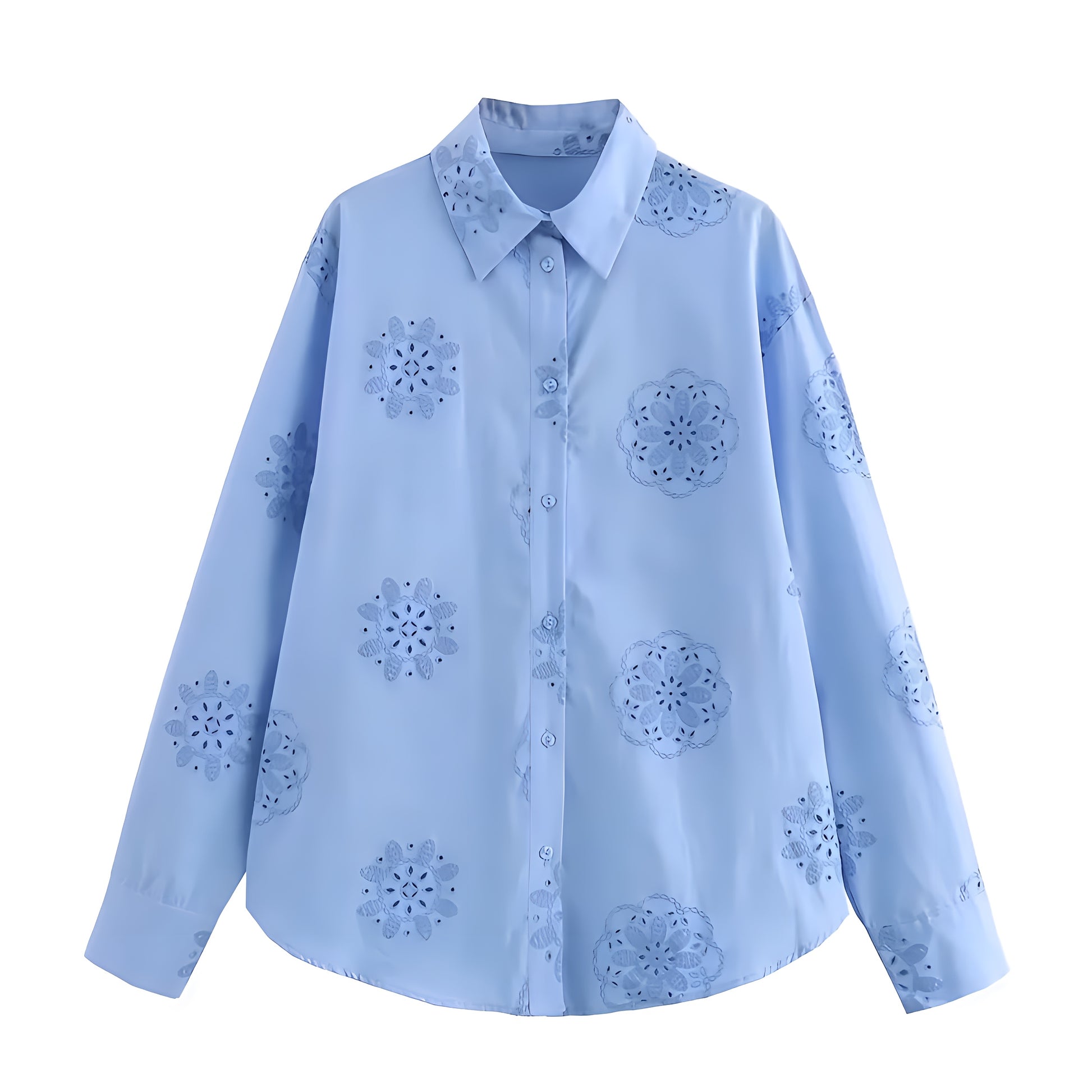 Light blue eyelet embroidered button-down long sleeve linen shirt for women with floral cutout crochet detailing, relaxed oversized fit, v-neck collar, and soft breathable cotton blend fabric. Feminine vacation blouse for coastal granddaughter style, Euro summer, beach club, Greece and Ibiza outfits, boho chic and Scandinavian fashion. Ships worldwide to US, UK, Canada, Australia, Europe, Asia and more.