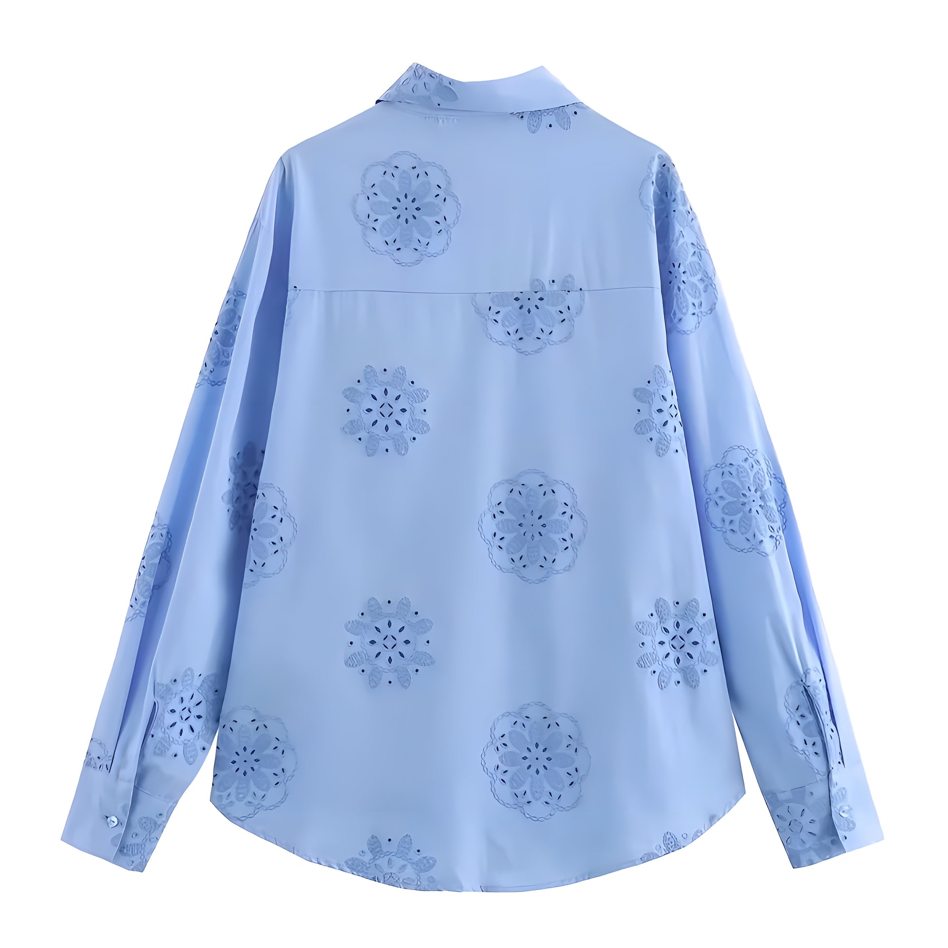 Light blue eyelet embroidered button-down long sleeve linen shirt for women with floral cutout crochet detailing, relaxed oversized fit, v-neck collar, and soft breathable cotton blend fabric. Feminine vacation blouse for coastal granddaughter style, Euro summer, beach club, Greece and Ibiza outfits, boho chic and Scandinavian fashion. Ships worldwide to US, UK, Canada, Australia, Europe, Asia and more.

