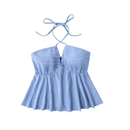 Light Blue Eyelet Embroidered Crochet Bandeau Halter Crop Top with Floral and Geometric Embroidery, Crochet Knit Slim Fit Peplum Ruffle Trim Plissé Sleeveless Backless Tank Top Blouse for Women and Teens Summer 2025 Fashion