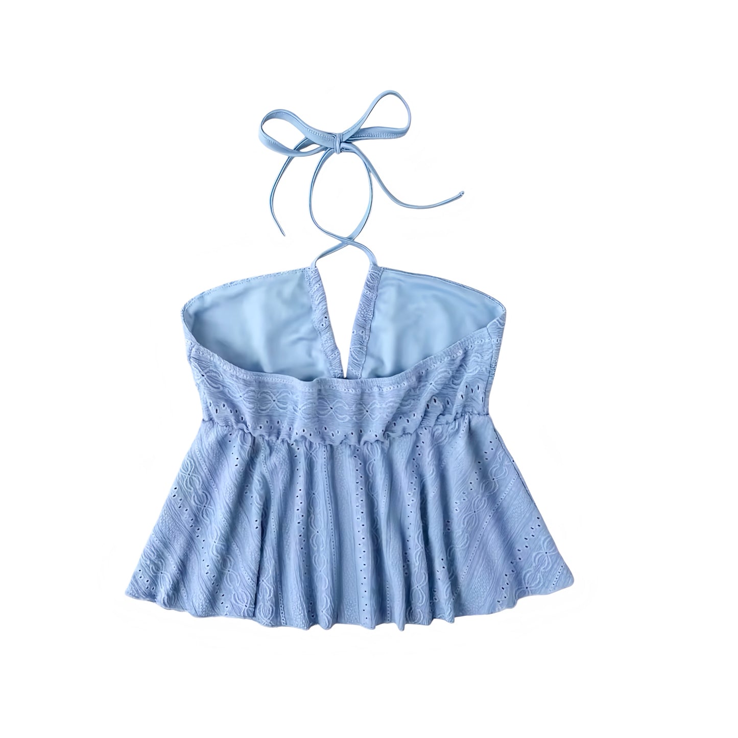 Light Blue Eyelet Embroidered Crochet Bandeau Halter Crop Top with Floral and Geometric Embroidery, Crochet Knit Slim Fit Peplum Ruffle Trim Plissé Sleeveless Backless Tank Top Blouse for Women and Teens Summer 2025 Fashion