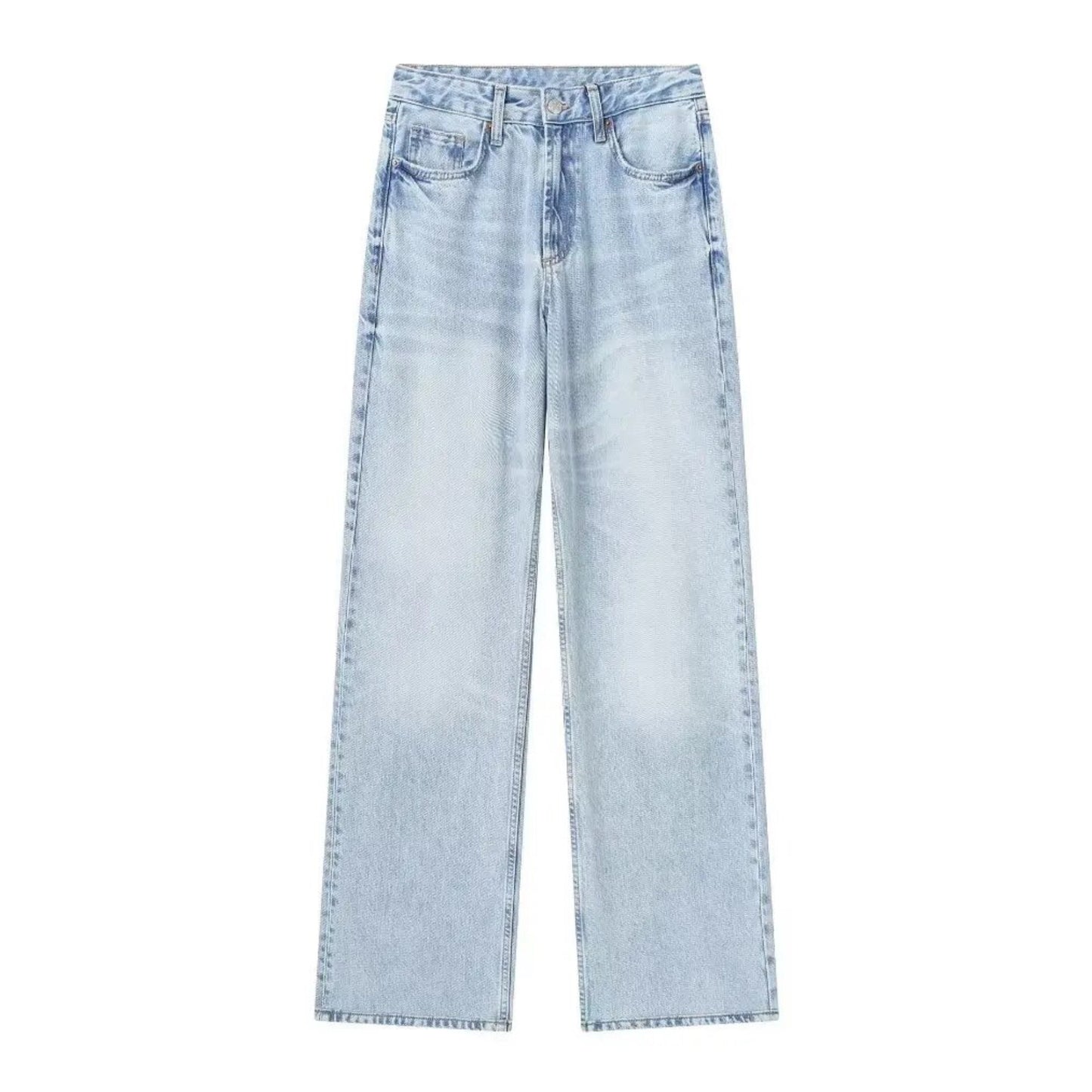 Light blue faded bleach washed wide leg denim jeans for women featuring a relaxed fit, mid-rise waist, and full-length silhouette. Crafted from soft cotton blend denim with a vintage light wash for a trendy worn-in look. Perfect for casual, minimalist, and Scandinavian-inspired streetwear outfits. Ideal for all seasons — spring, summer, fall, and winter. Ships globally and worldwide to the US, UK, Canada, Europe, Australia, Asia, and more.