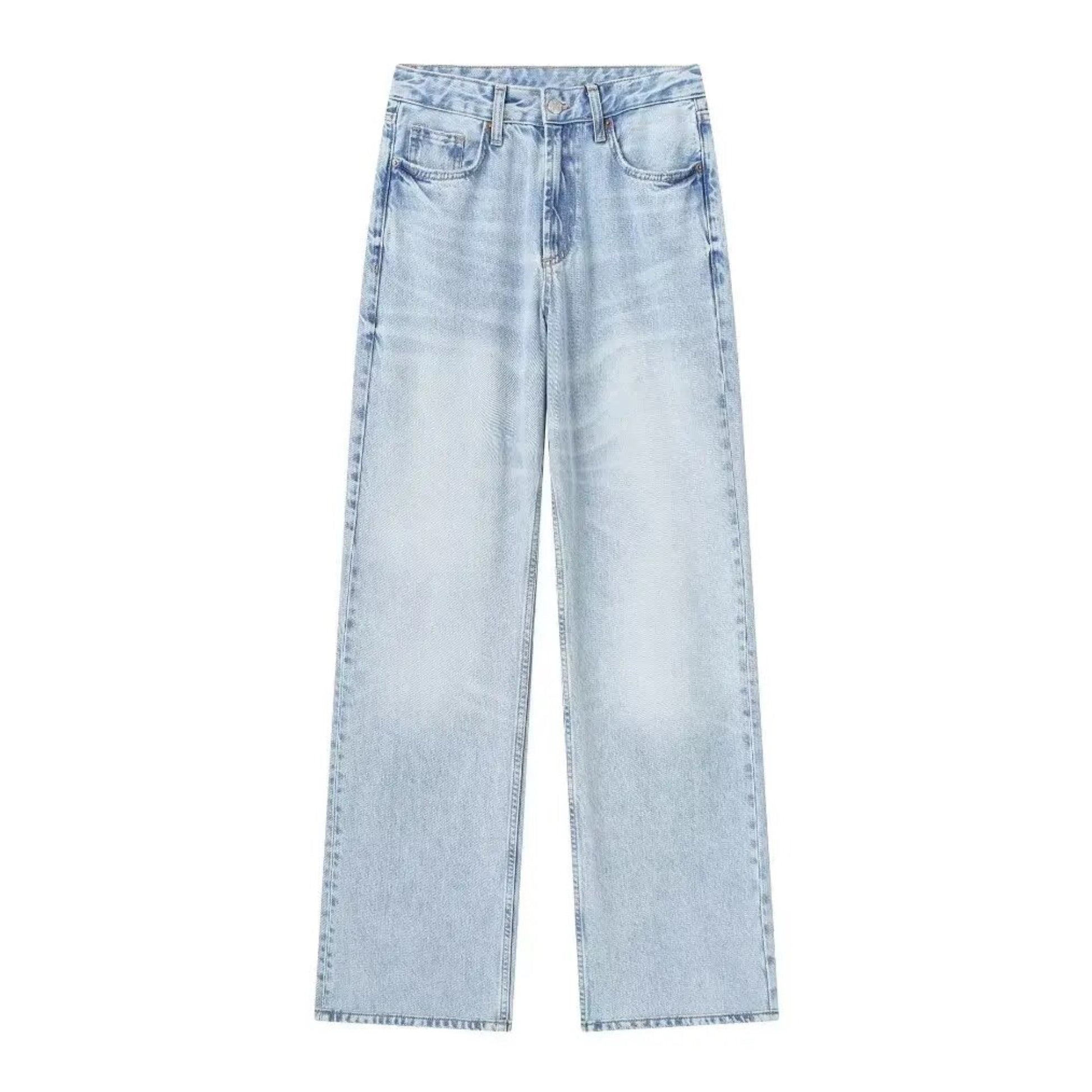 Light blue faded bleach washed wide leg denim jeans for women featuring a relaxed fit, mid-rise waist, and full-length silhouette. Crafted from soft cotton blend denim with a vintage light wash for a trendy worn-in look. Perfect for casual, minimalist, and Scandinavian-inspired streetwear outfits. Ideal for all seasons — spring, summer, fall, and winter. Ships globally and worldwide to the US, UK, Canada, Europe, Australia, Asia, and more.