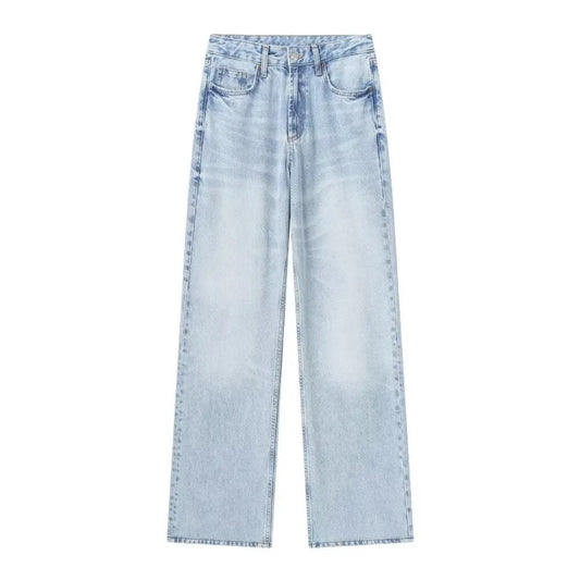 Light blue faded bleach washed wide leg denim jeans for women featuring a relaxed fit, mid-rise waist, and full-length silhouette. Crafted from soft cotton blend denim with a vintage light wash for a trendy worn-in look. Perfect for casual, minimalist, and Scandinavian-inspired streetwear outfits. Ideal for all seasons — spring, summer, fall, and winter. Ships globally and worldwide to the US, UK, Canada, Europe, Australia, Asia, and more.