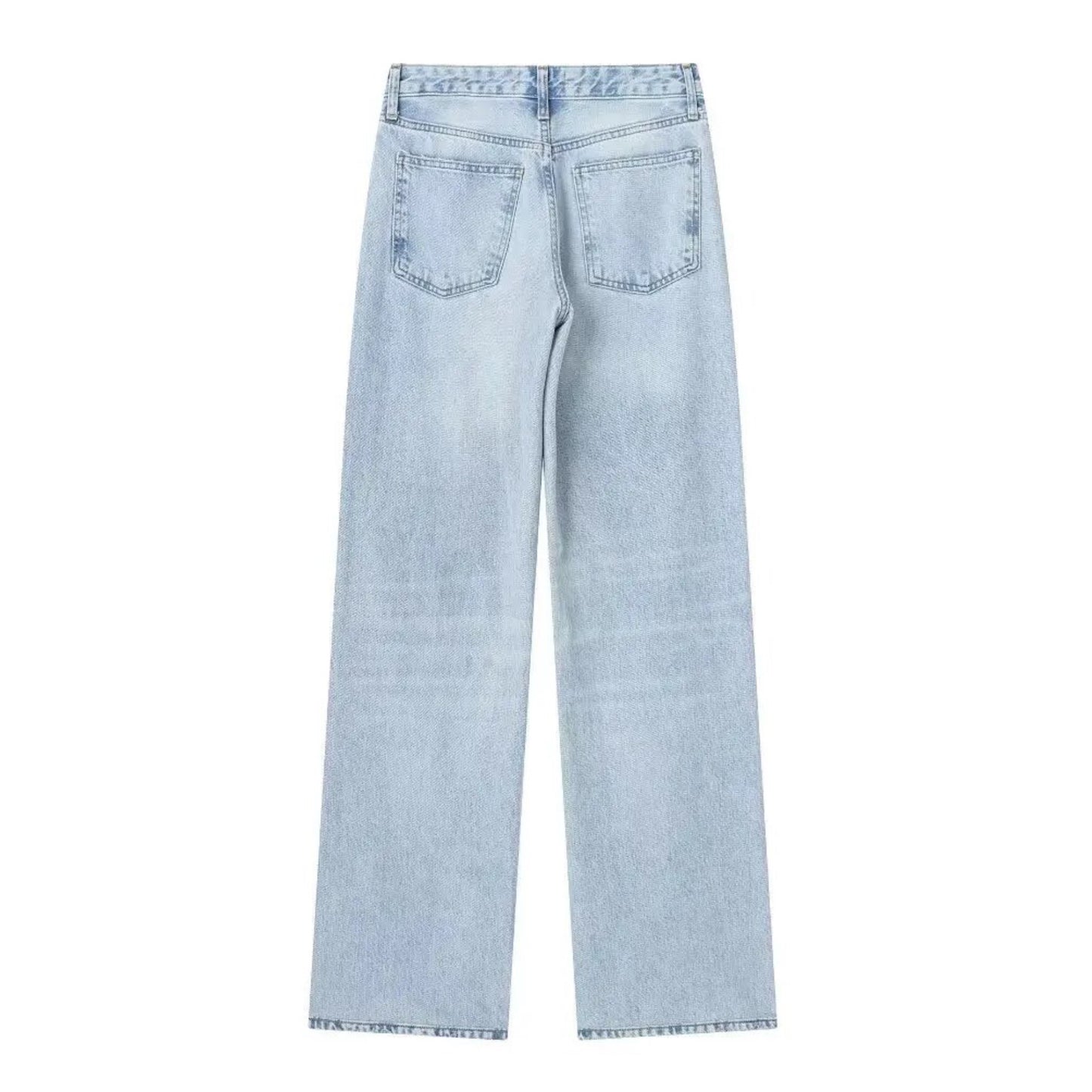 Light blue faded bleach washed wide leg denim jeans for women featuring a relaxed fit, mid-rise waist, and full-length silhouette. Crafted from soft cotton blend denim with a vintage light wash for a trendy worn-in look. Perfect for casual, minimalist, and Scandinavian-inspired streetwear outfits. Ideal for all seasons — spring, summer, fall, and winter. Ships globally and worldwide to the US, UK, Canada, Europe, Australia, Asia, and more.