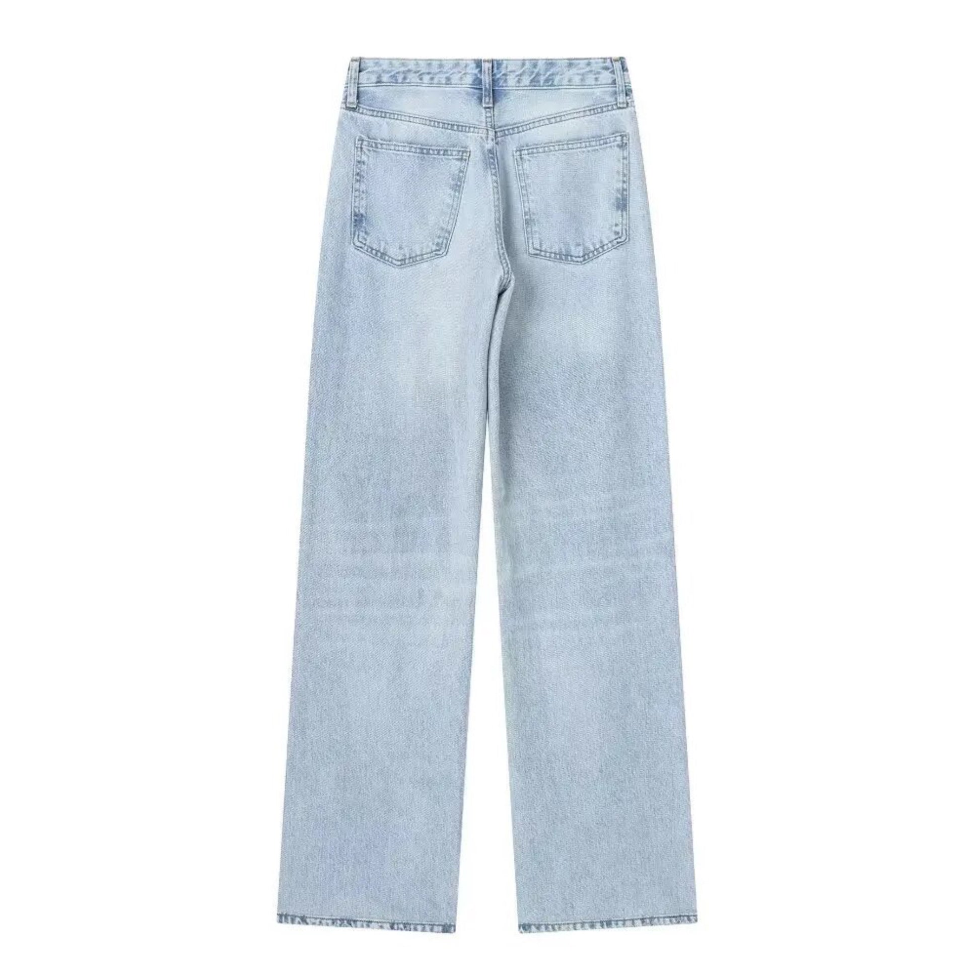Light blue faded bleach washed wide leg denim jeans for women featuring a relaxed fit, mid-rise waist, and full-length silhouette. Crafted from soft cotton blend denim with a vintage light wash for a trendy worn-in look. Perfect for casual, minimalist, and Scandinavian-inspired streetwear outfits. Ideal for all seasons — spring, summer, fall, and winter. Ships globally and worldwide to the US, UK, Canada, Europe, Australia, Asia, and more.
