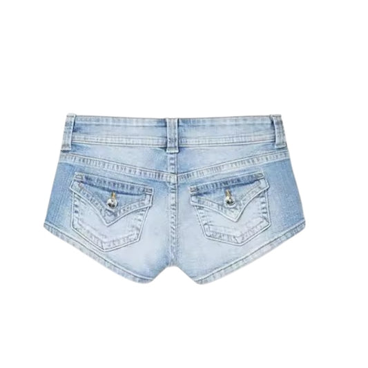 Light blue faded low-rise Y2K denim jean mini booty shorts with pockets, slim fit peachy bottom cut, vintage retro western country style women’s shorts, chic trendy cute sexy festival club wear night out summer 2025 fashion for women and teens, international shipping to USA, Canada, UK, Australia, France, Germany, Spain, Italy, Denmark, Asia.