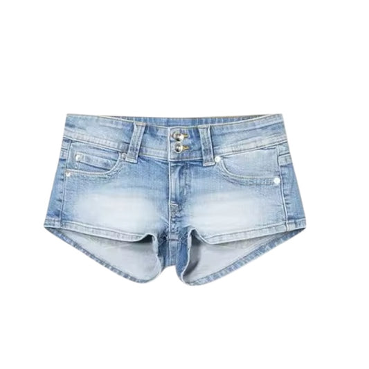 Light blue faded low-rise Y2K denim jean mini booty shorts with pockets, slim fit peachy bottom cut, vintage retro western country style women’s shorts, chic trendy cute sexy festival club wear night out summer 2025 fashion for women and teens, international shipping to USA, Canada, UK, Australia, France, Germany, Spain, Italy, Denmark, Asia.