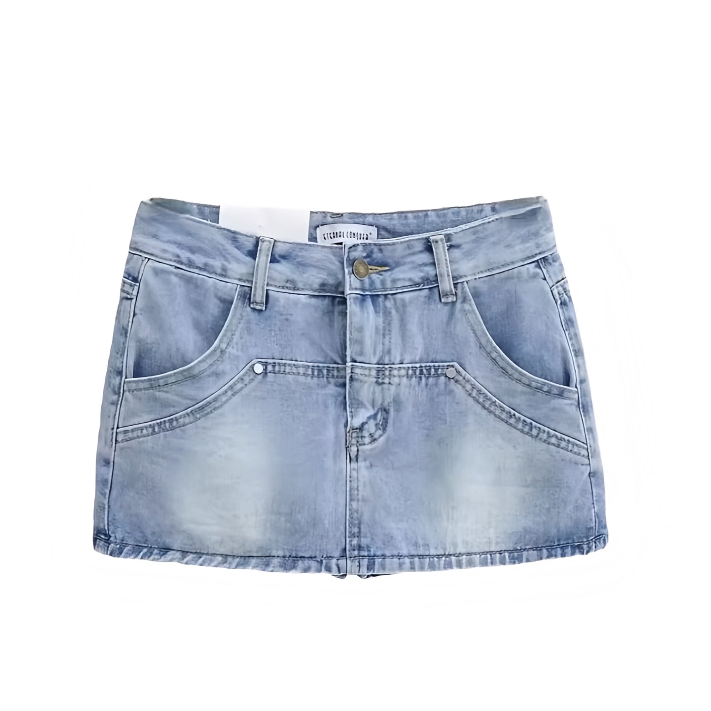Light blue faded vintage denim mini skirt with studded detail. Slim fit low rise bodycon a line silhouette short jean skirt with pockets. Retro western country girl chic Y2K feminine fashion. Perfect for summer fall casual everyday outfits, school, sorority rush, festival, rave, concert, party, sexy club wear, trendy street wear, Stockholm style, boho chic night out and going out looks. Ships globally worldwide to USA, UK, Canada, Australia, New Zealand, Germany, France, Ireland, Denmark, Sweden, Europe 