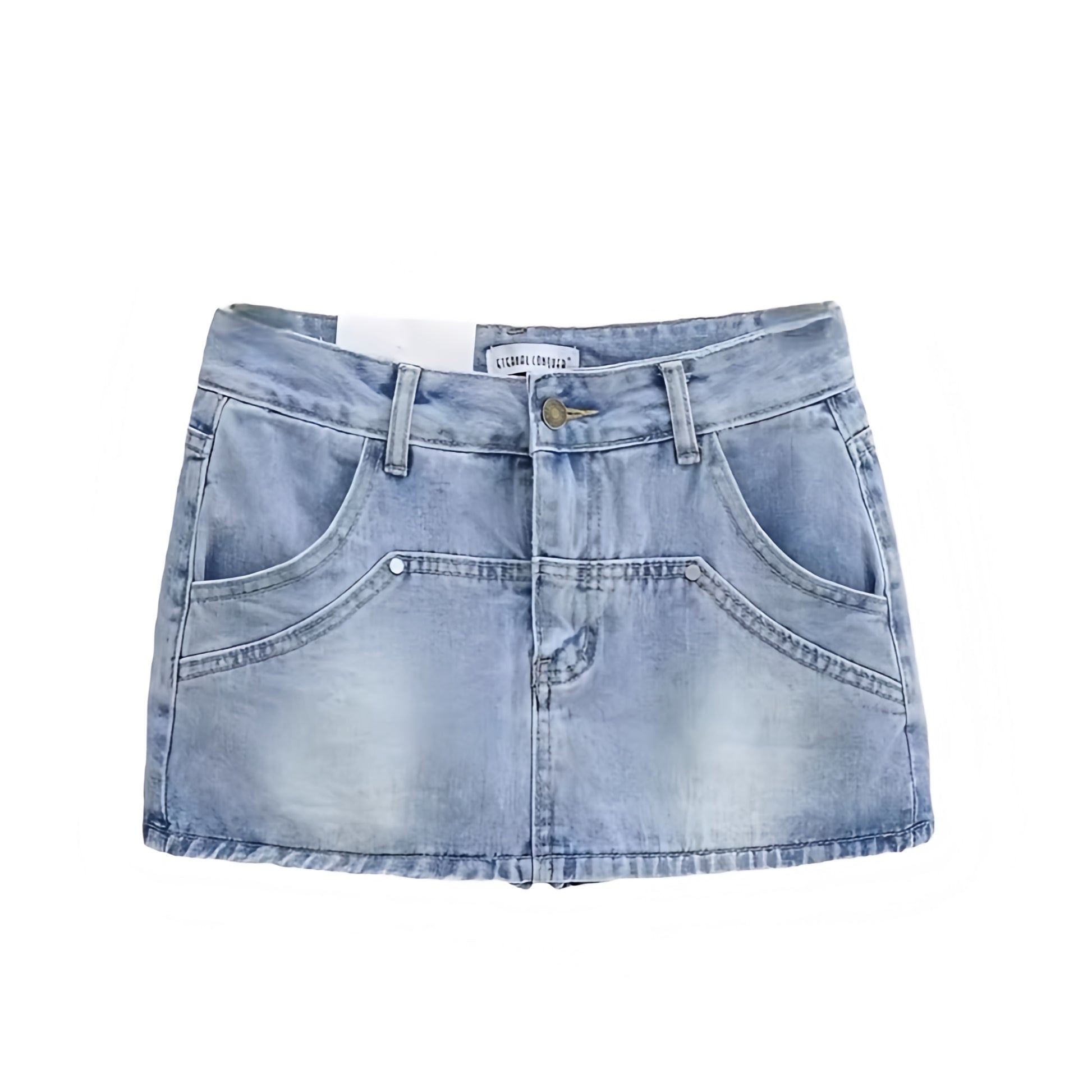 Light blue faded vintage denim mini skirt with studded detail. Slim fit low rise bodycon a line silhouette short jean skirt with pockets. Retro western country girl chic Y2K feminine fashion. Perfect for summer fall casual everyday outfits, school, sorority rush, festival, rave, concert, party, sexy club wear, trendy street wear, Stockholm style, boho chic night out and going out looks. Ships globally worldwide to USA, UK, Canada, Australia, New Zealand, Germany, France, Ireland, Denmark, Sweden, Europe 