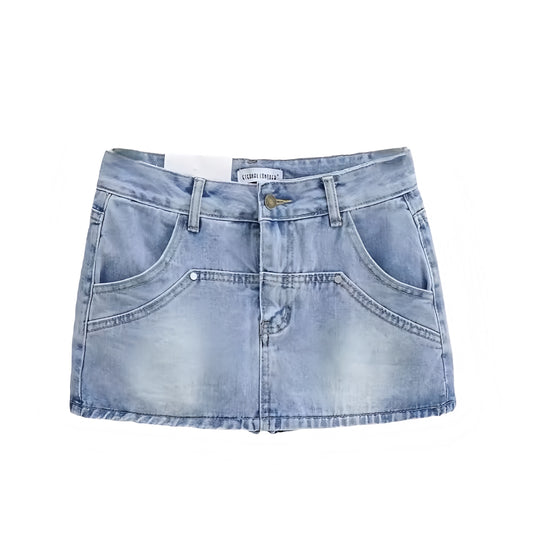Light blue faded vintage denim mini skirt with studded detail. Slim fit low rise bodycon a line silhouette short jean skirt with pockets. Retro western country girl chic Y2K feminine fashion. Perfect for summer fall casual everyday outfits, school, sorority rush, festival, rave, concert, party, sexy club wear, trendy street wear, Stockholm style, boho chic night out and going out looks. Ships globally worldwide to USA, UK, Canada, Australia, New Zealand, Germany, France, Ireland, Denmark, Sweden, Europe 