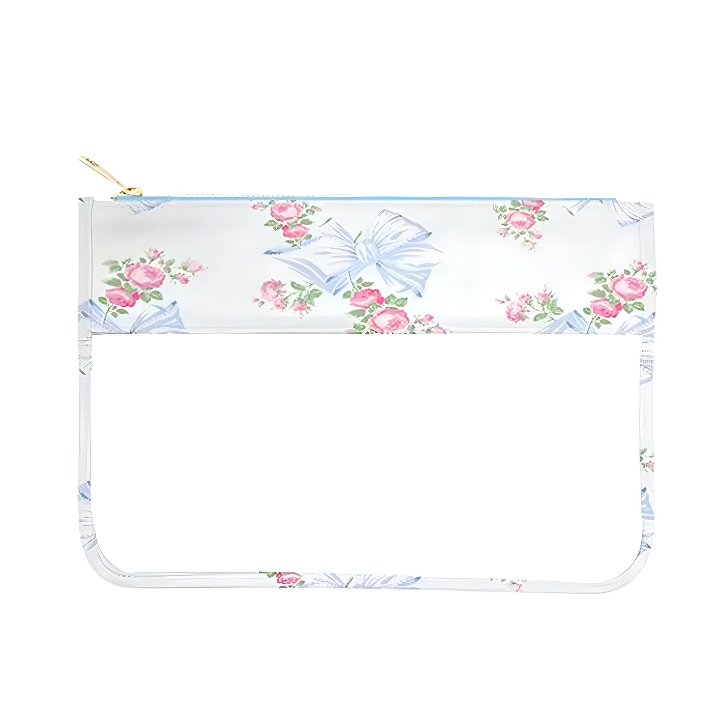 Light blue, pink, and white floral bow print makeup pouch with clear transparent window and metallic zipper. Lightweight, waterproof, and vegan-friendly cosmetic pouch for women and teens. Perfect for organizing makeup, toiletries, and skincare. Feminine coquette and preppy design inspired by LoveshackFancy, Roller Rabbit, and Altard State. Ships worldwide to US, UK, Canada, Australia, New Zealand, Europe, and Asia.

