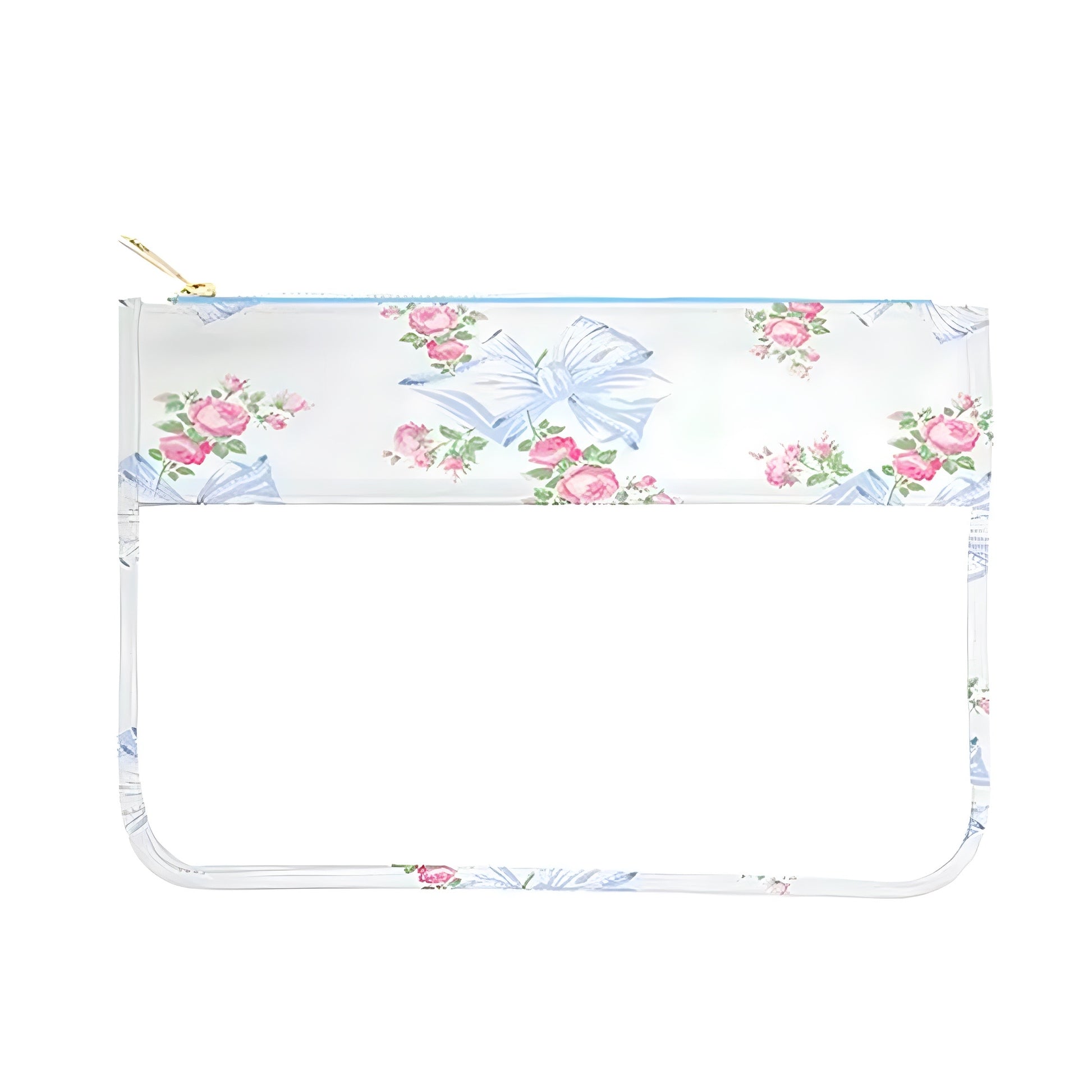 Light blue, pink, and white floral bow print makeup pouch with clear transparent window and metallic zipper. Lightweight, waterproof, and vegan-friendly cosmetic pouch for women and teens. Perfect for organizing makeup, toiletries, and skincare. Feminine coquette and preppy design inspired by LoveshackFancy, Roller Rabbit, and Altard State. Ships worldwide to US, UK, Canada, Australia, New Zealand, Europe, and Asia.

